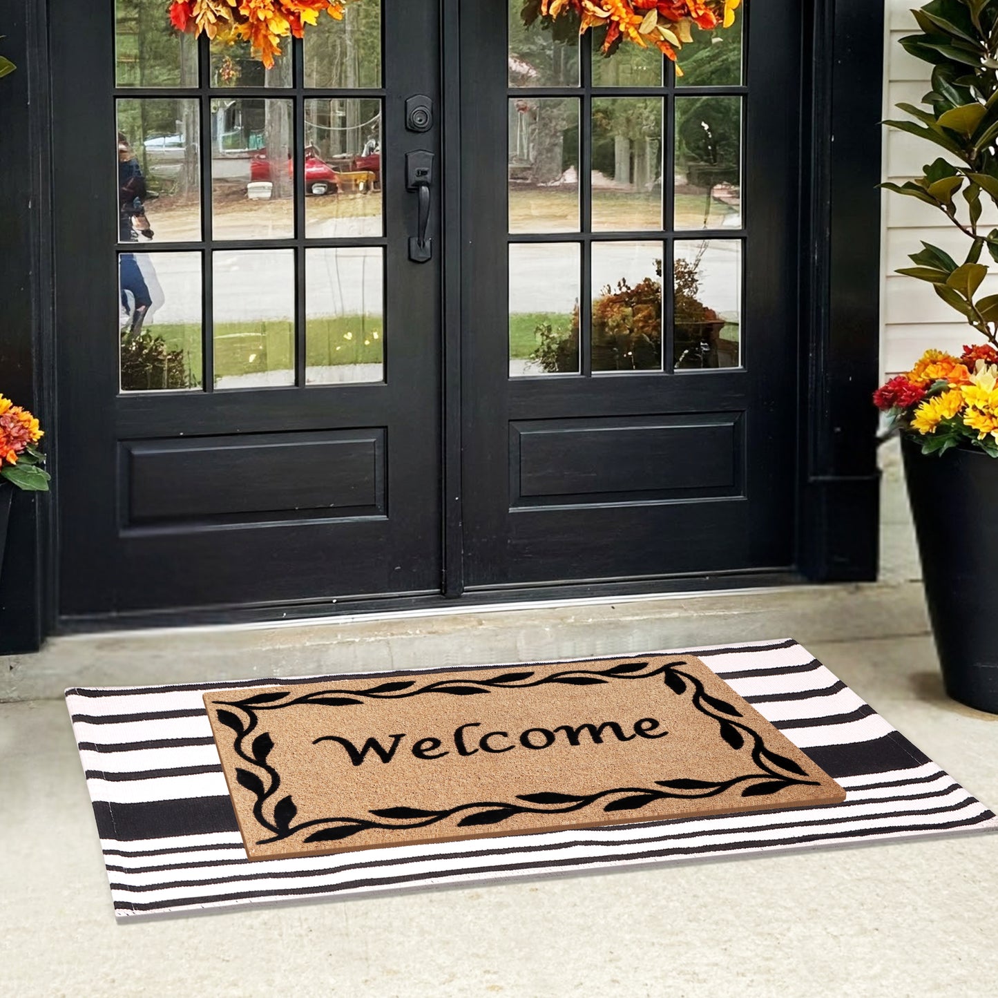 A1HC 100% Coir Welcome Mat with Black and White Striped Rug Combo Sets