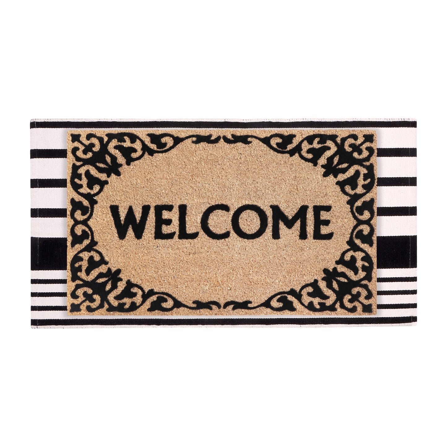 A1HC 100% Coir Welcome Mat with Black and White Striped Rug Combo Sets