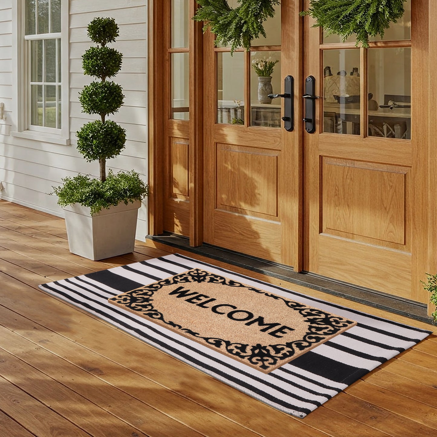 A1HC 100% Coir Welcome Mat with Black and White Striped Rug Combo Sets