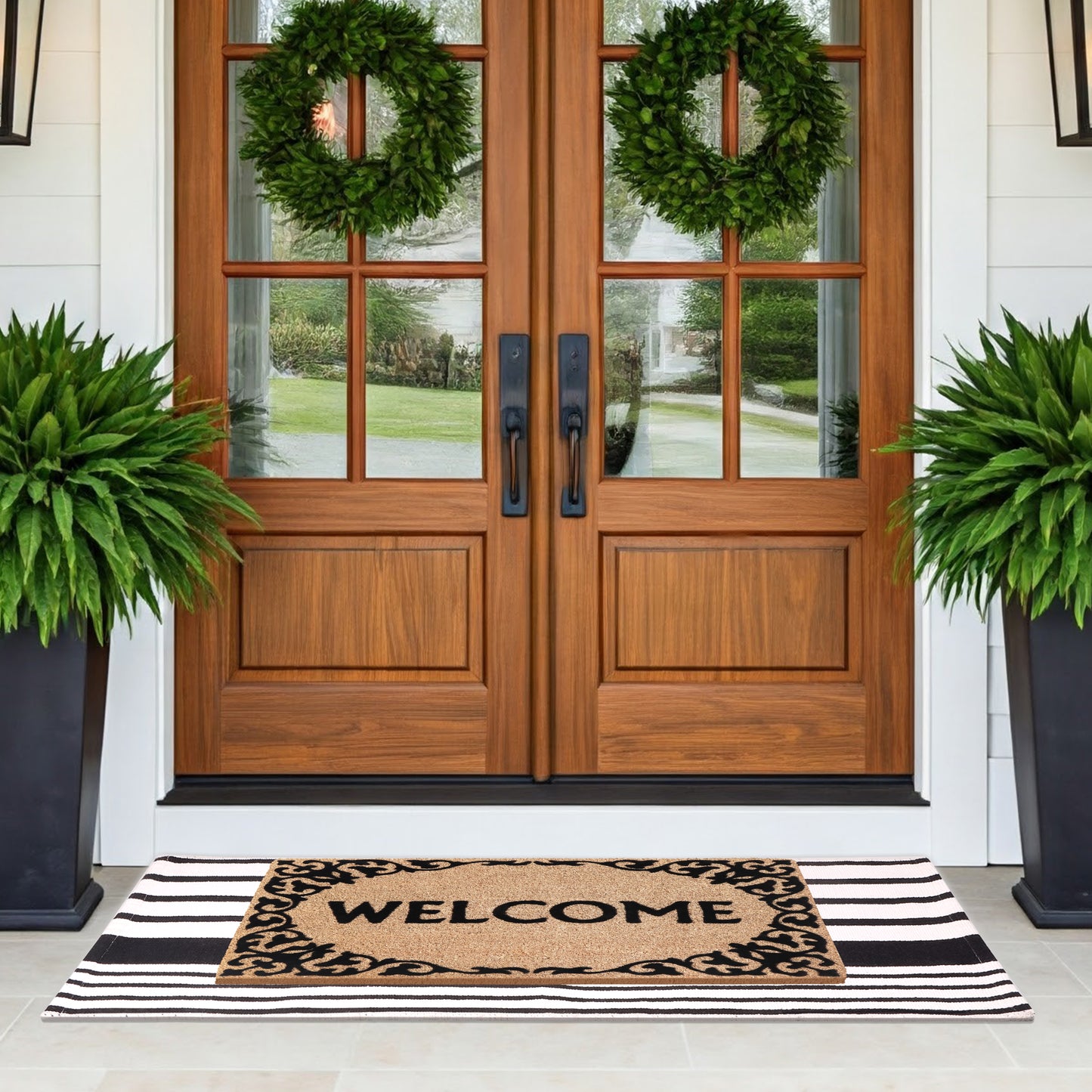 A1HC 100% Coir Welcome Mat with Black and White Striped Rug Combo Sets