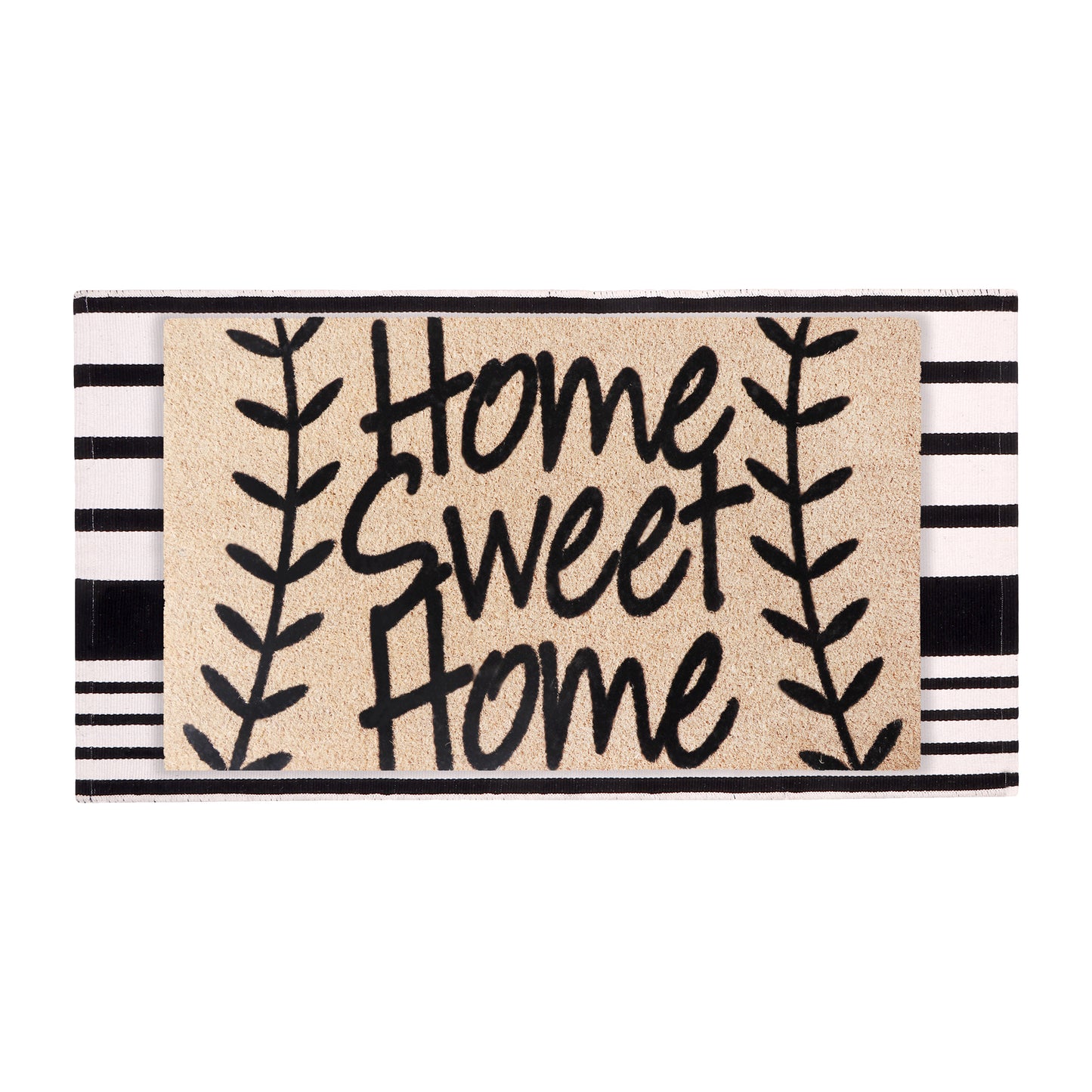 A1HC 100% Coir Welcome Mat with Black and White Striped Rug Combo Sets