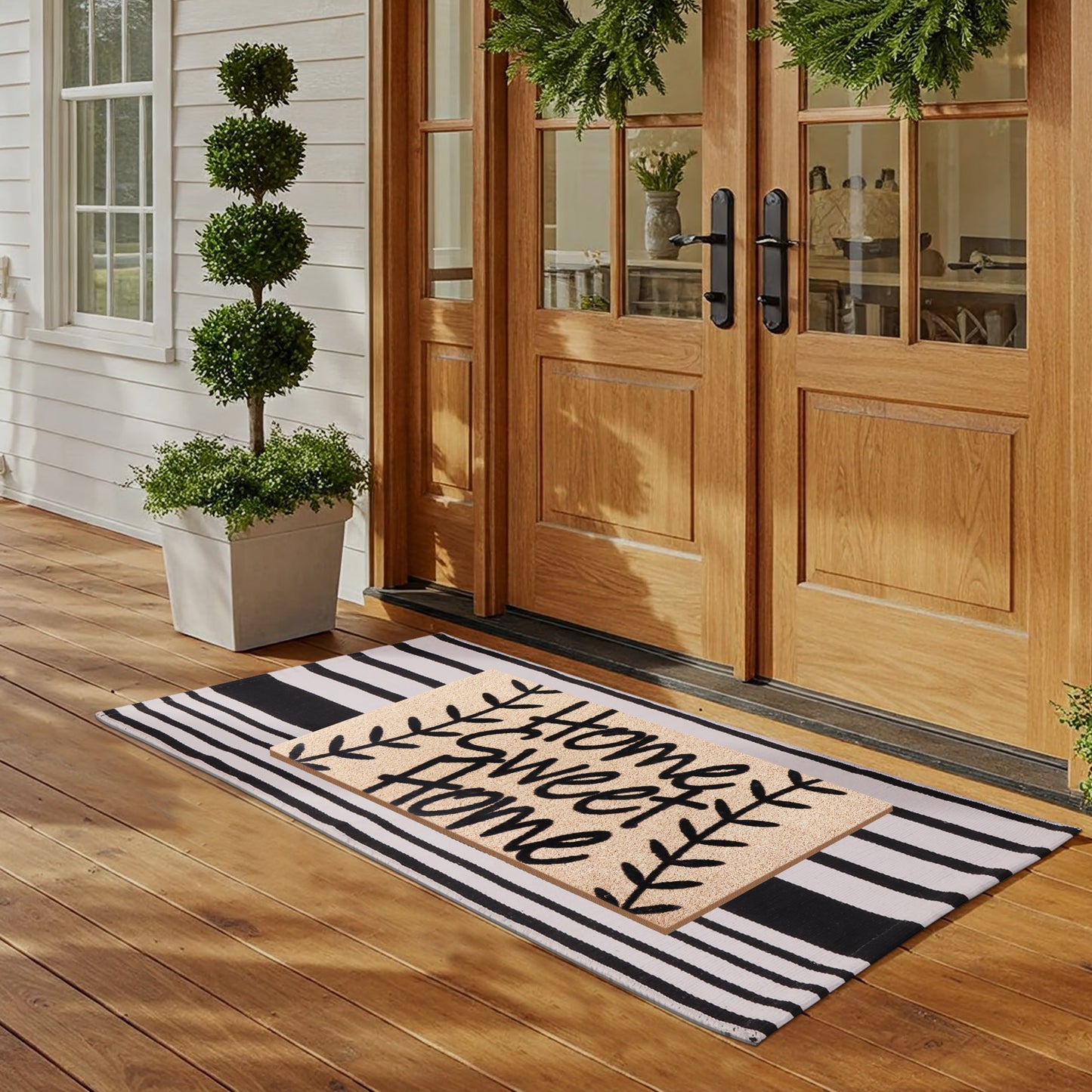 A1HC 100% Coir Welcome Mat with Black and White Striped Rug Combo Sets