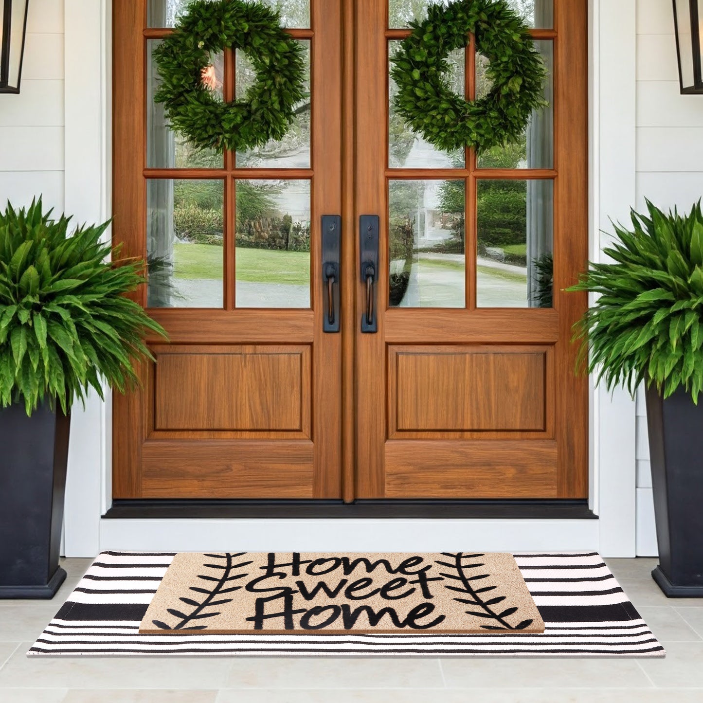 A1HC 100% Coir Welcome Mat with Black and White Striped Rug Combo Sets
