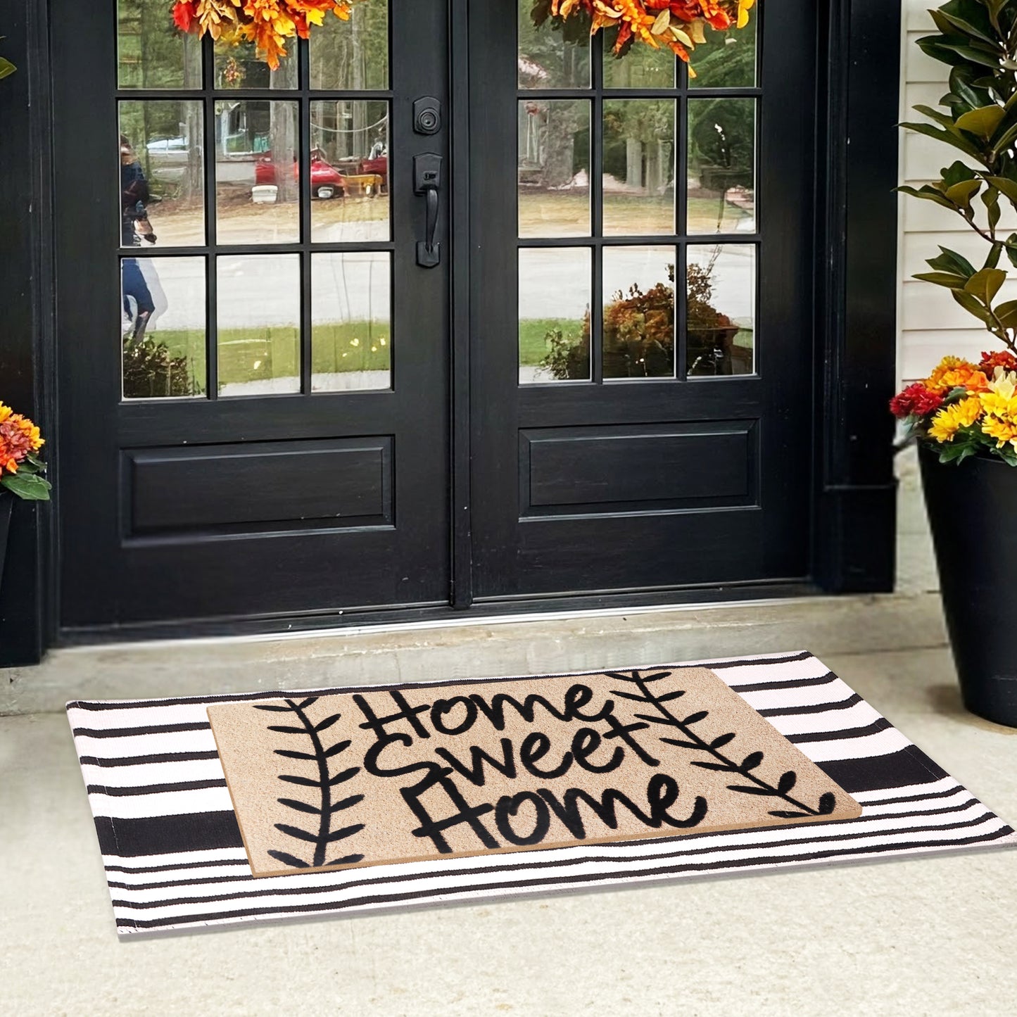 A1HC 100% Coir Welcome Mat with Black and White Striped Rug Combo Sets