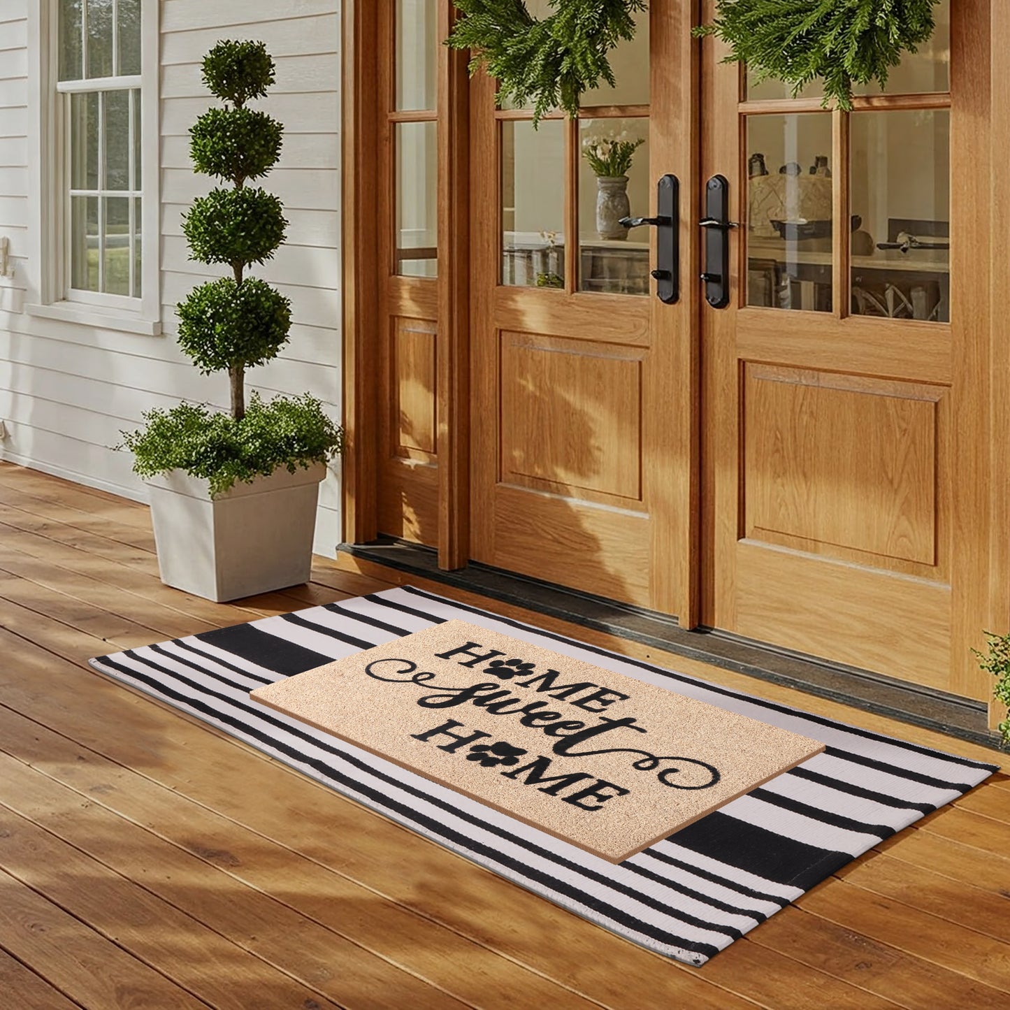 A1HC 100% Coir Welcome Mat with Black and White Striped Rug Combo Sets