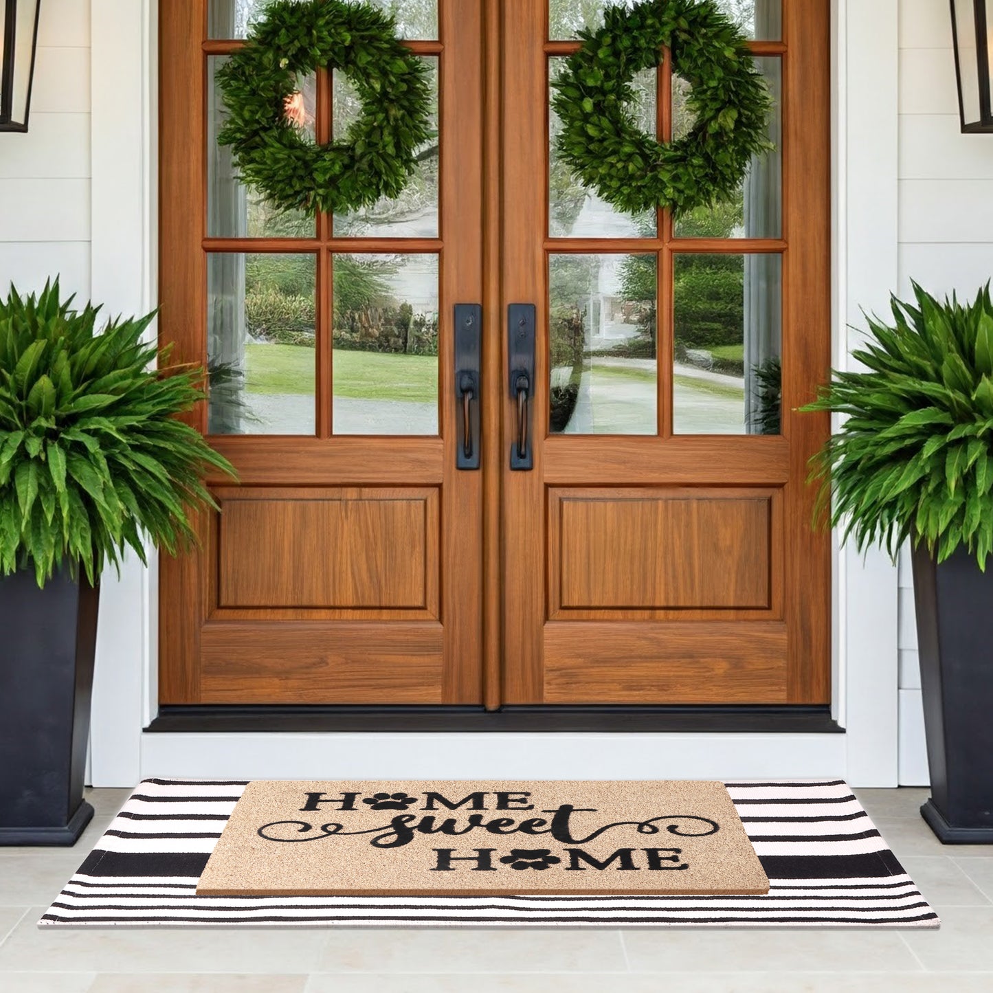 A1HC 100% Coir Welcome Mat with Black and White Striped Rug Combo Sets