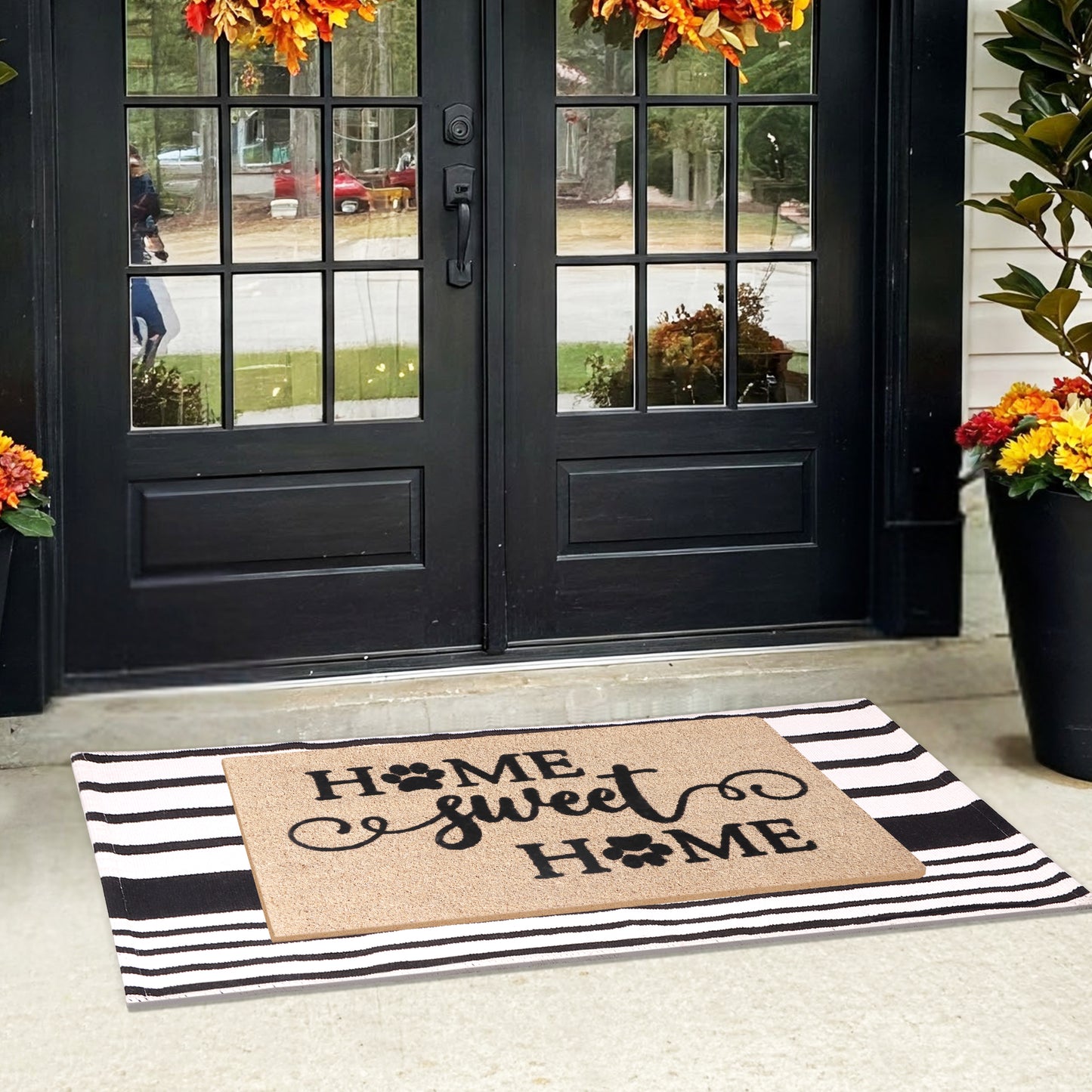A1HC 100% Coir Welcome Mat with Black and White Striped Rug Combo Sets