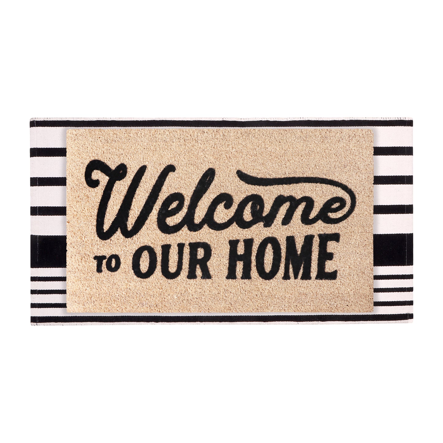 A1HC 100% Coir Welcome Mat with Black and White Striped Rug Combo Sets