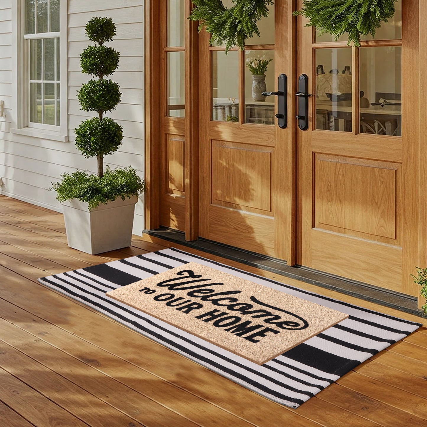 A1HC 100% Coir Welcome Mat with Black and White Striped Rug Combo Sets