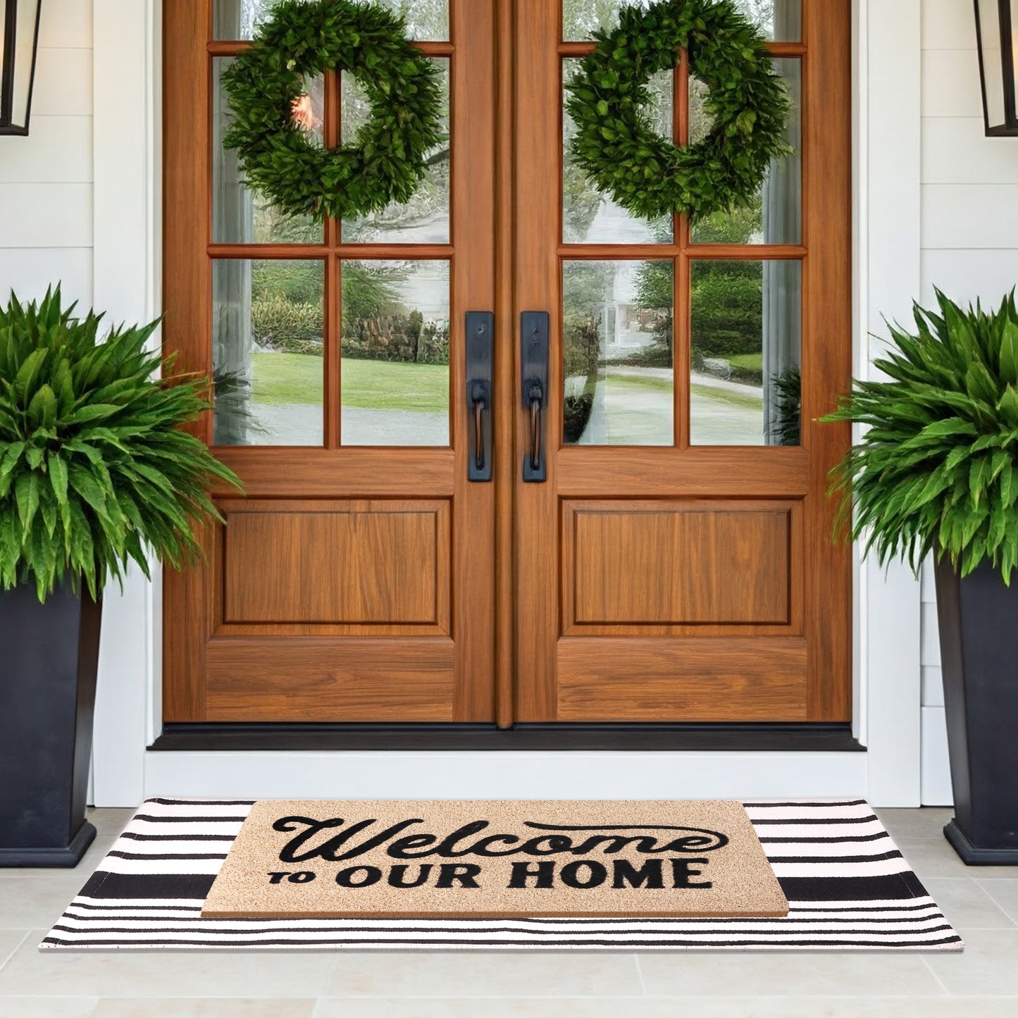 A1HC 100% Coir Welcome Mat with Black and White Striped Rug Combo Sets