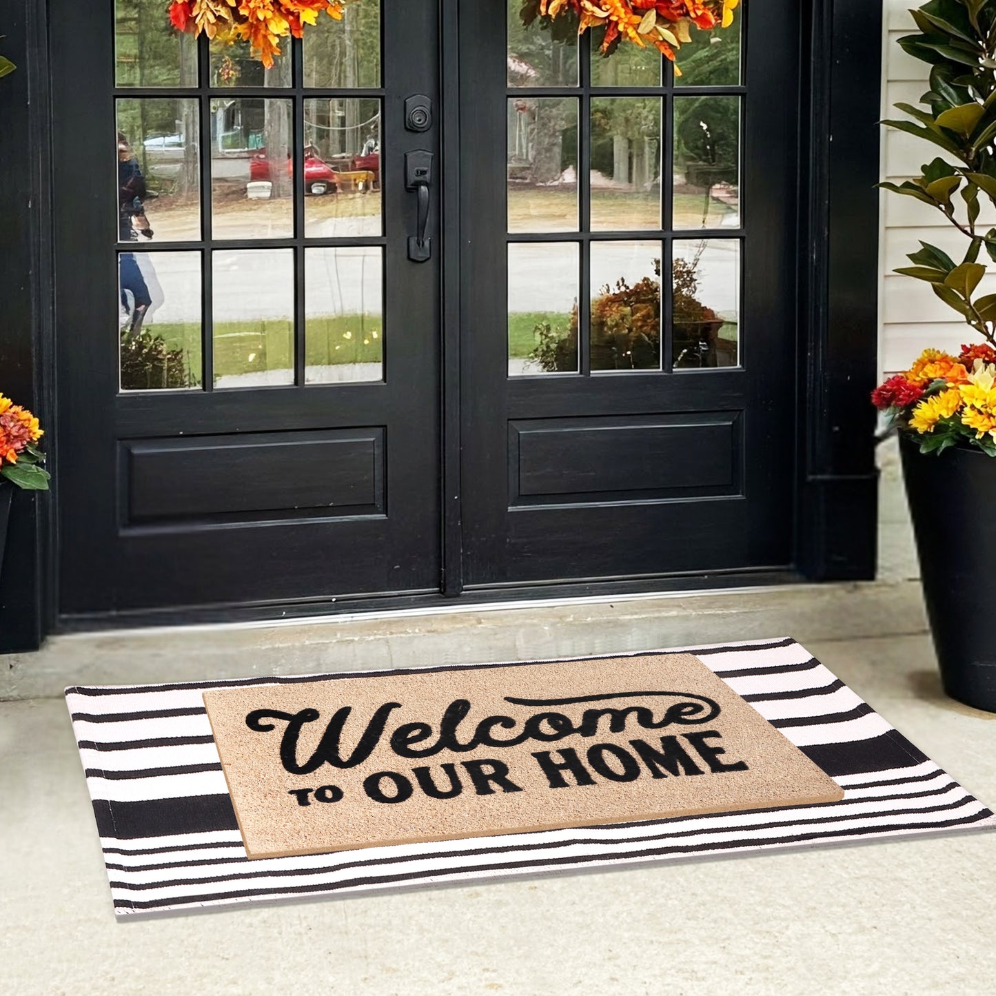 A1HC 100% Coir Welcome Mat with Black and White Striped Rug Combo Sets