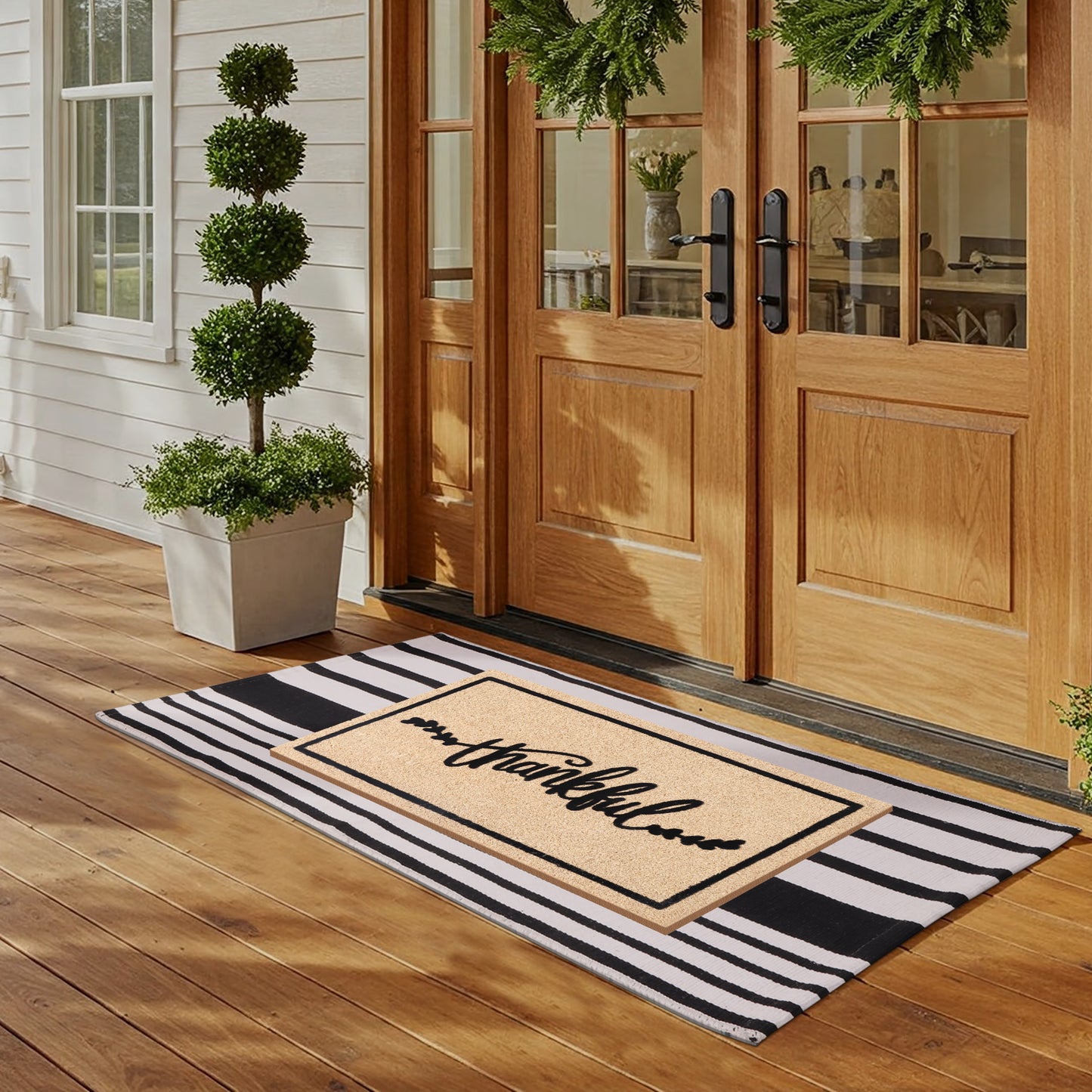 A1HC 100% Coir Welcome Mat with Black and White Striped Rug Combo Sets