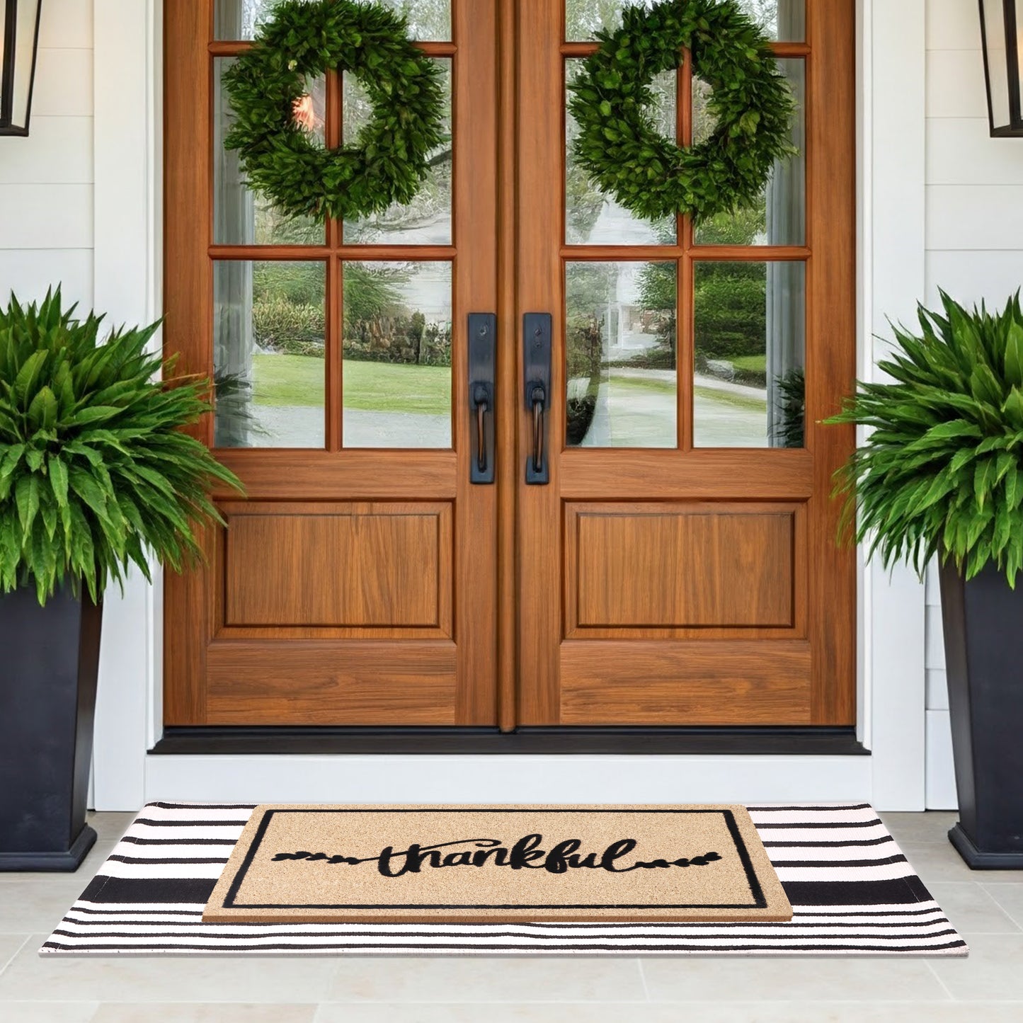 A1HC 100% Coir Welcome Mat with Black and White Striped Rug Combo Sets
