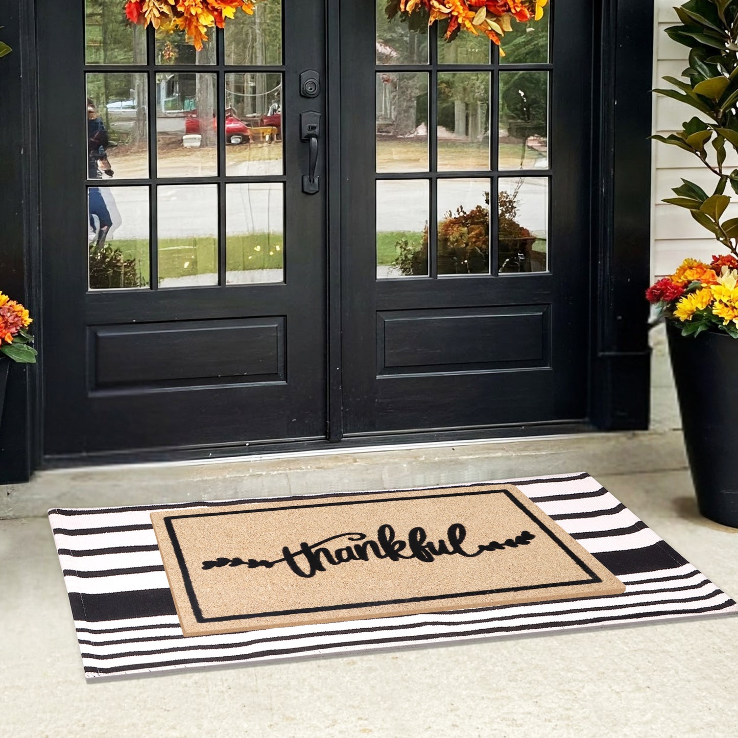 A1HC 100% Coir Welcome Mat with Black and White Striped Rug Combo Sets