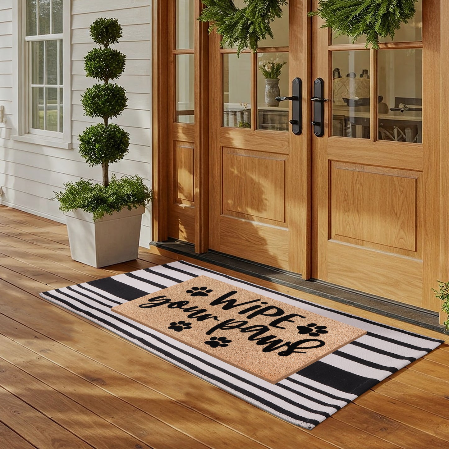 A1HC 100% Coir Welcome Mat with Black and White Striped Rug Combo Sets