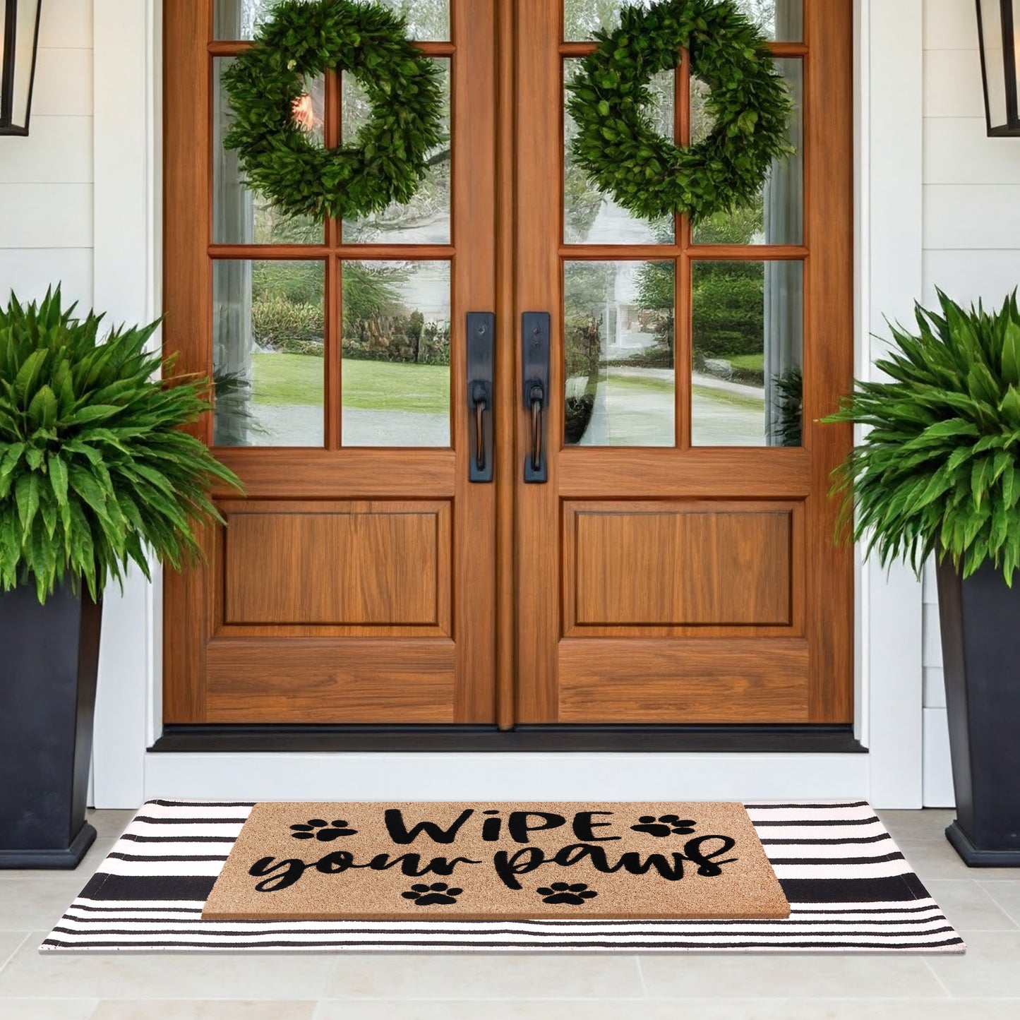 A1HC 100% Coir Welcome Mat with Black and White Striped Rug Combo Sets