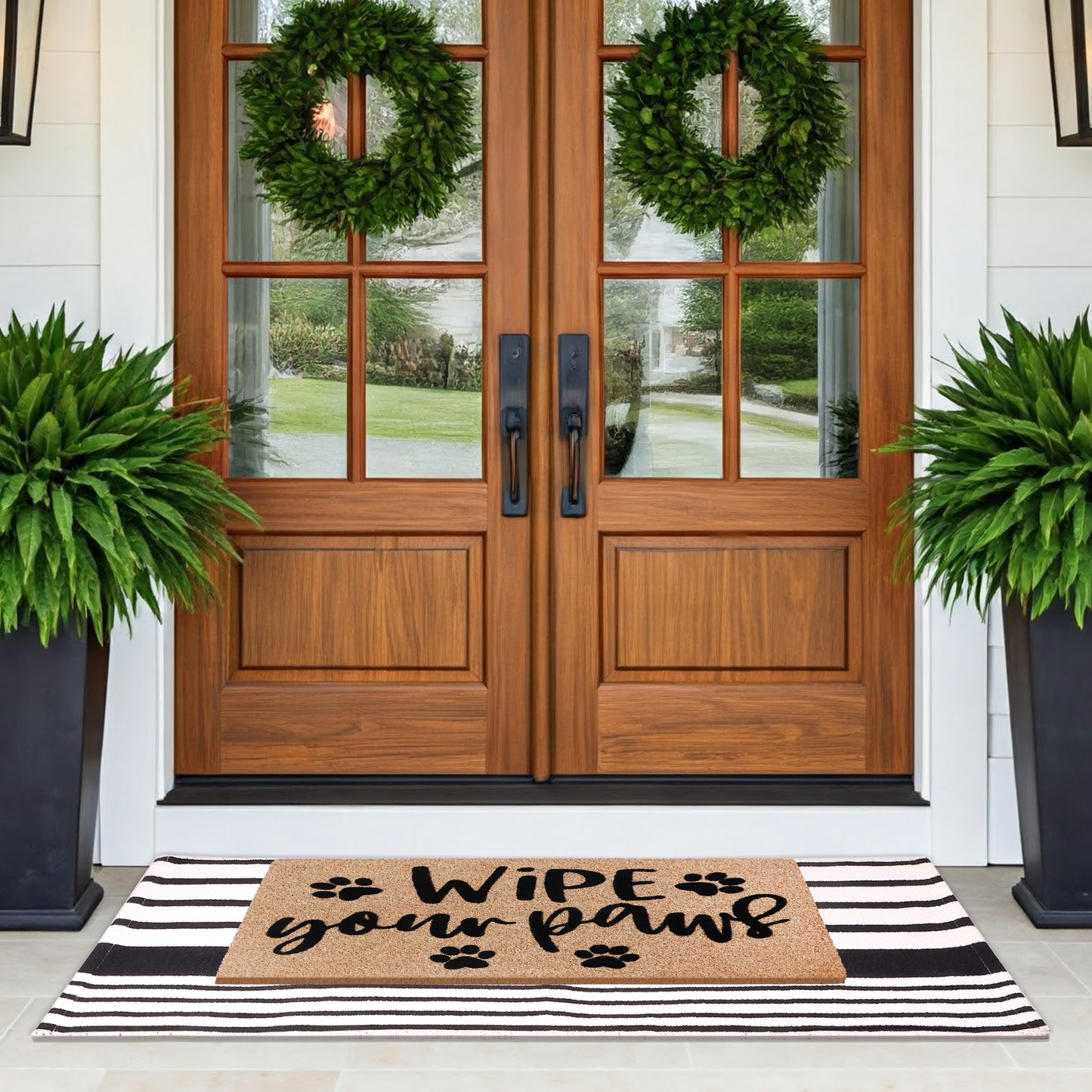 A1HC 100% Coir Welcome Mat with Black and White Striped Rug Combo Sets