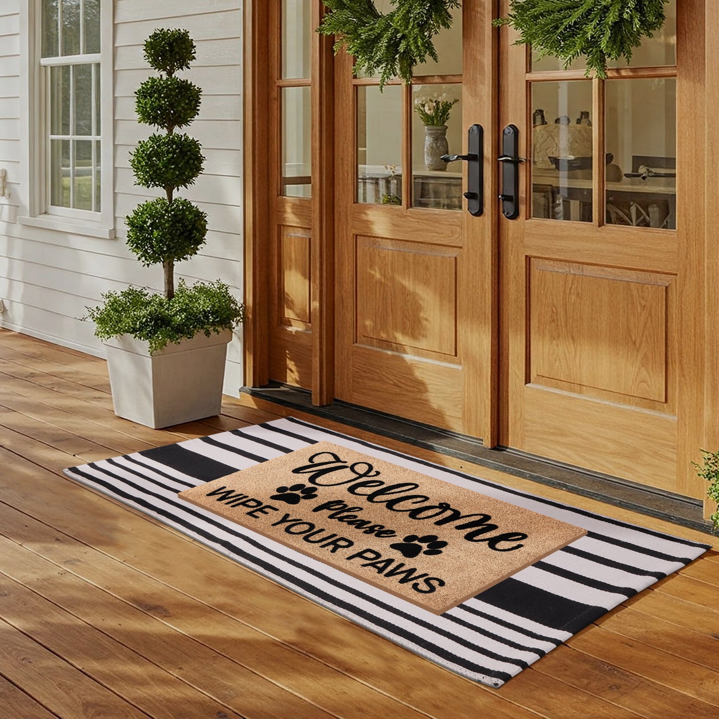 A1HC 100% Coir Welcome Mat with Black and White Striped Rug Combo Sets
