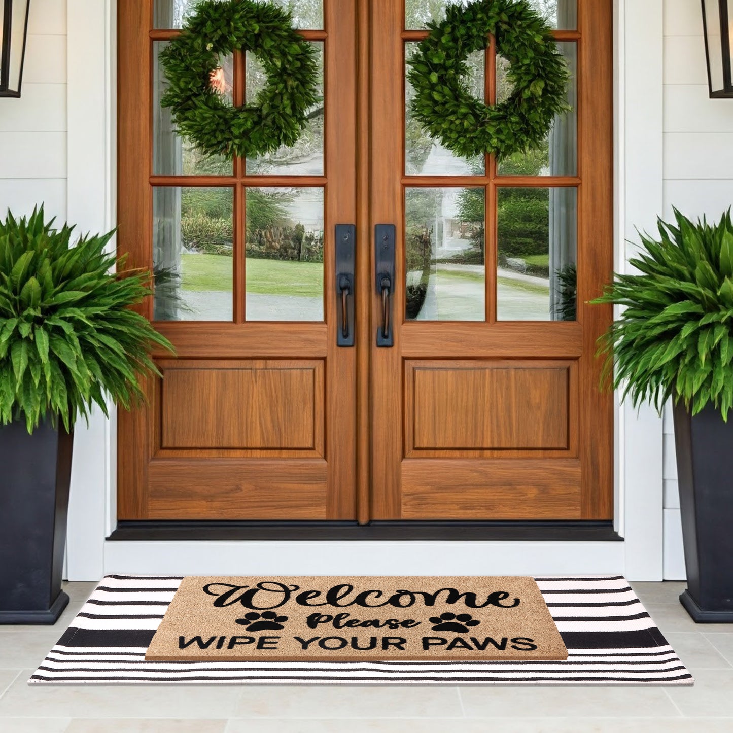 A1HC 100% Coir Welcome Mat with Black and White Striped Rug Combo Sets