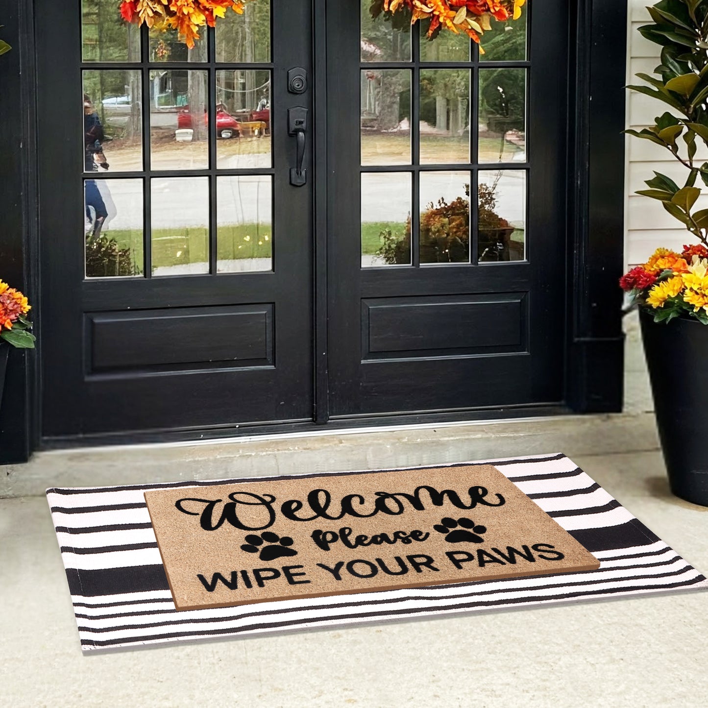A1HC 100% Coir Welcome Mat with Black and White Striped Rug Combo Sets