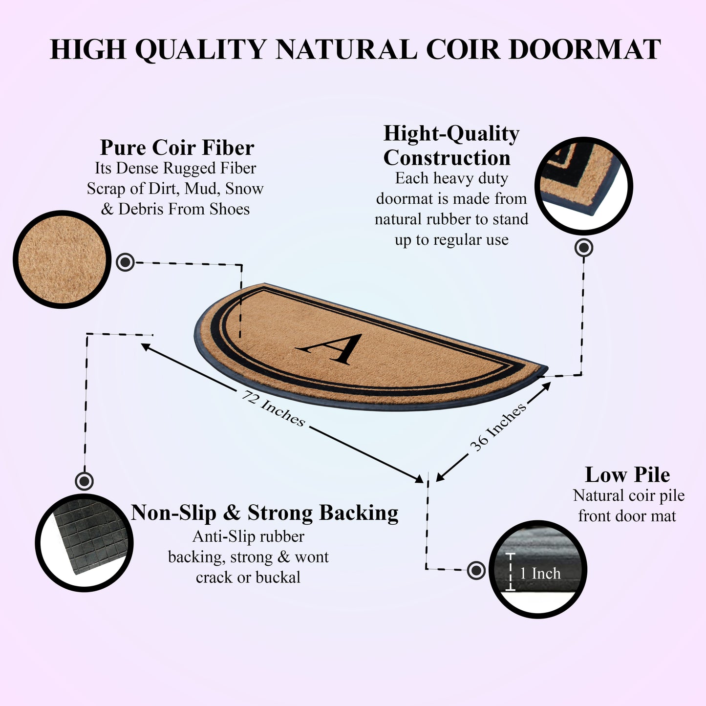 A1HC Natural Coir & Rubber Hand Flocked Large Monogrammed Door Mat 36" X 72" Thick Durable Doormats