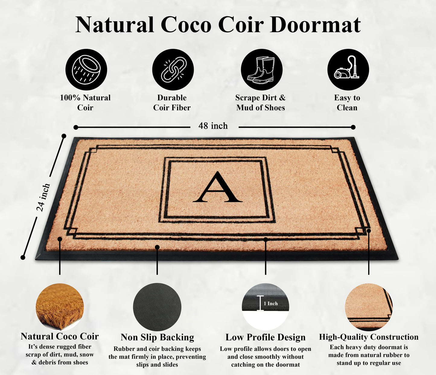 A1HC Natural Coir Monogrammed Heavy Duty Entrance Door Mat 24X48, Anti-Shed Treated Durable Doormat