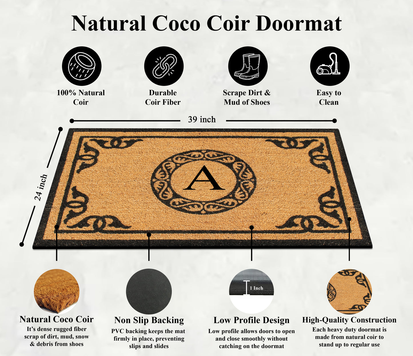 A1HC Natural Coir Door Mat 24x39, Anti-Shed Treated Durable Doormat for Outdoor Entrance Monogrammed