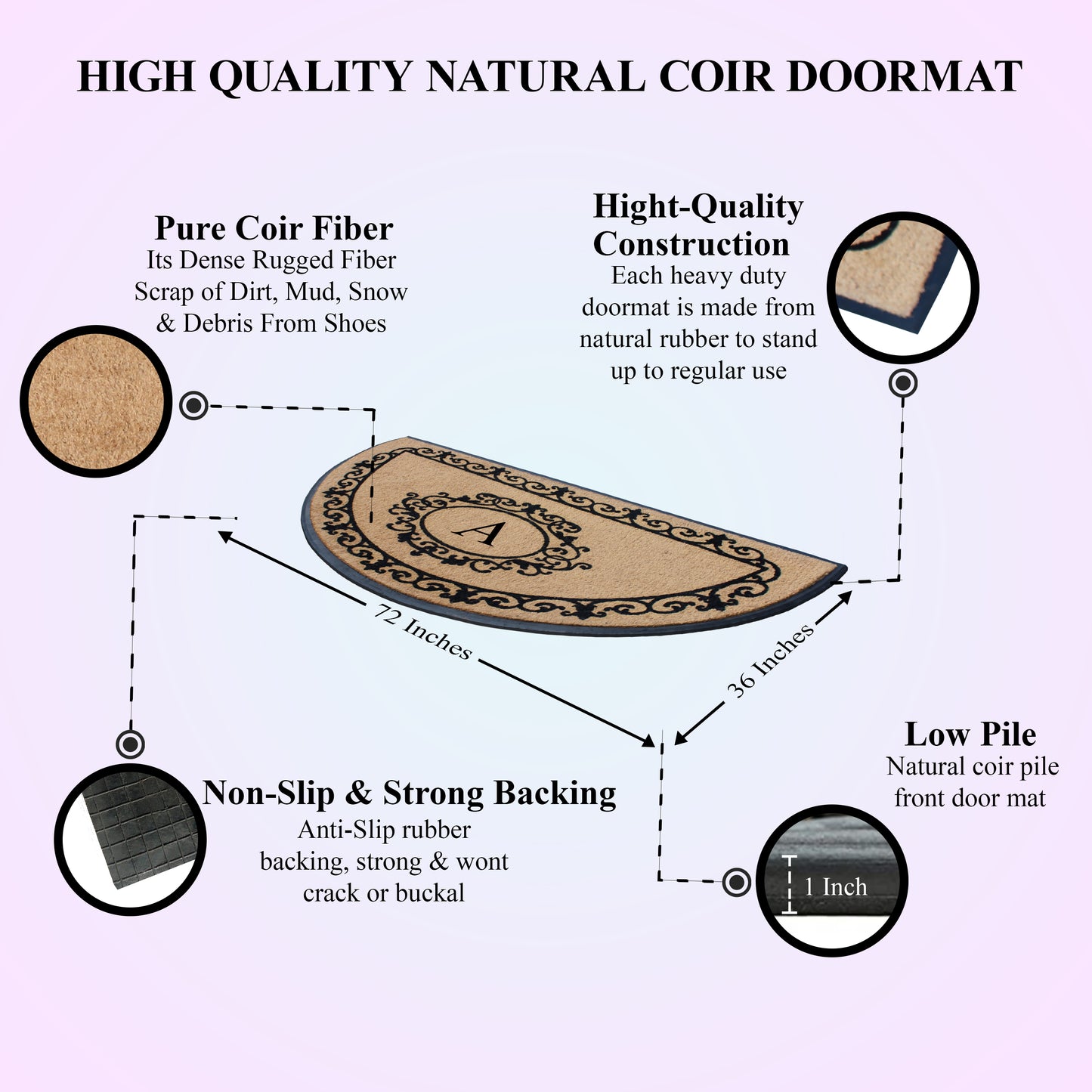 A1HC Natural Coir & Rubber Hand Flocked Large Monogrammed Thick Door Mat 36"x72" Entrance Doormats