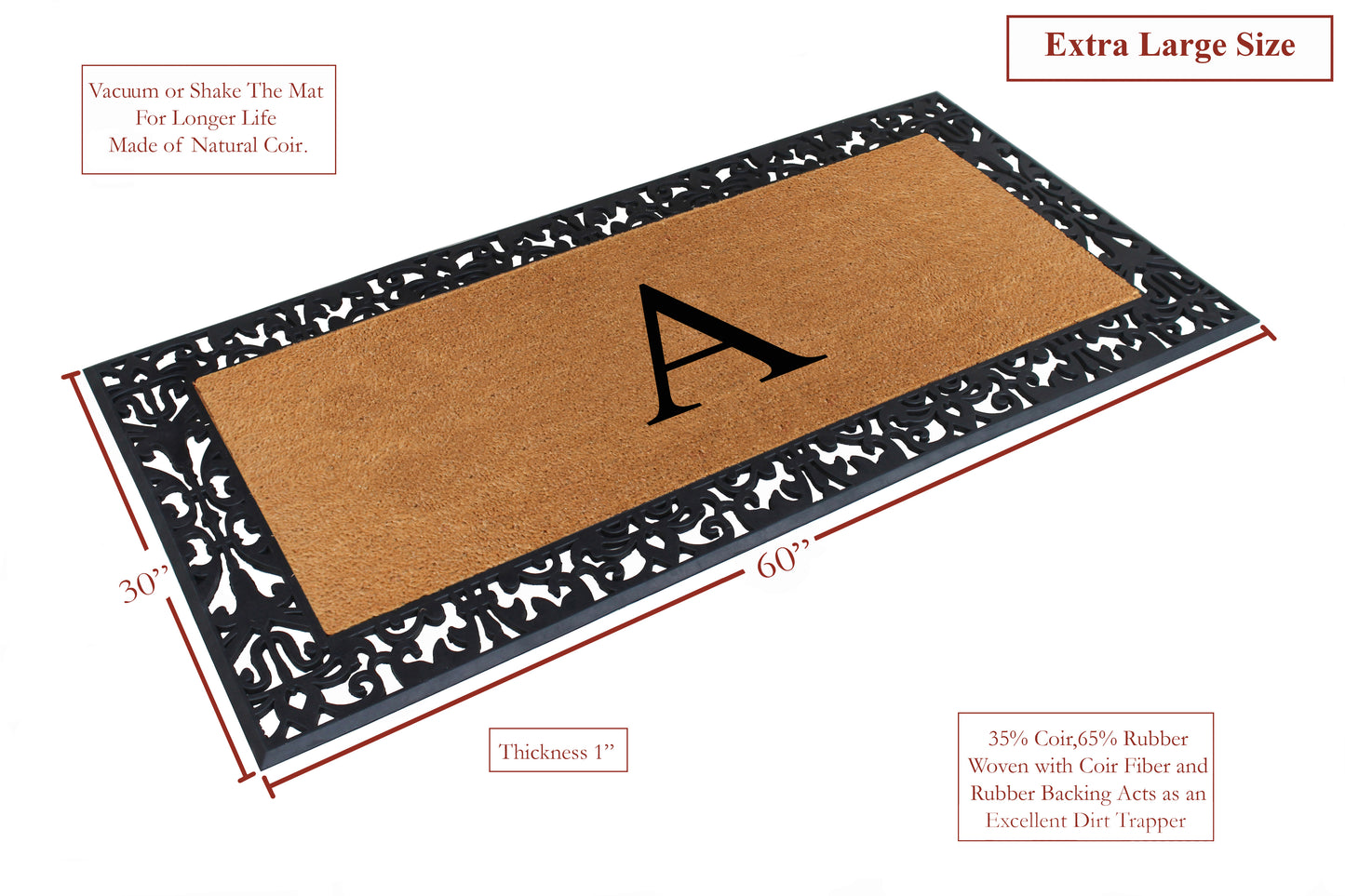 A1HC Natural Coir Monogrammed Outdoor Entrance Door Mat 30X60, Anti-Shed Treated Durable Doormat