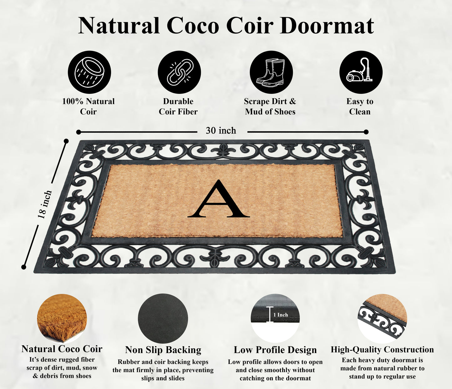 A1HC Natural Rubber & Coir 18x30, Monogrammed Doormat For Outdoor Entrance, Anti-Shed Treated Mat