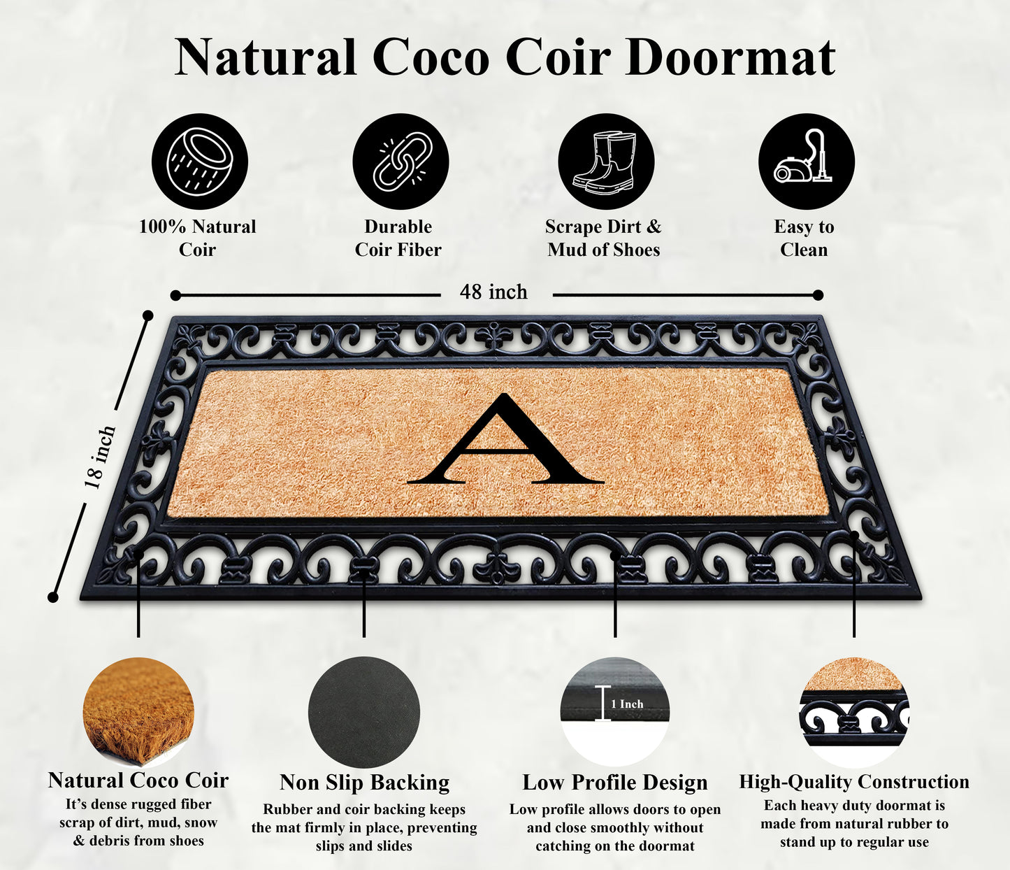 A1HC Rubber Coir Doormat For Outdoor Entrance, Anti-Shed Treated Front Door Mat 18x48, Monogrammed