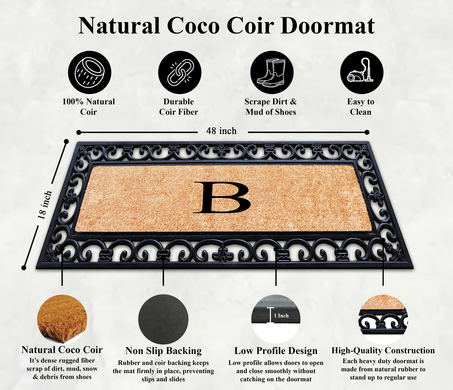 A1HC Rubber Coir Doormat For Outdoor Entrance, Anti-Shed Treated Front Door Mat 18x48, Monogrammed