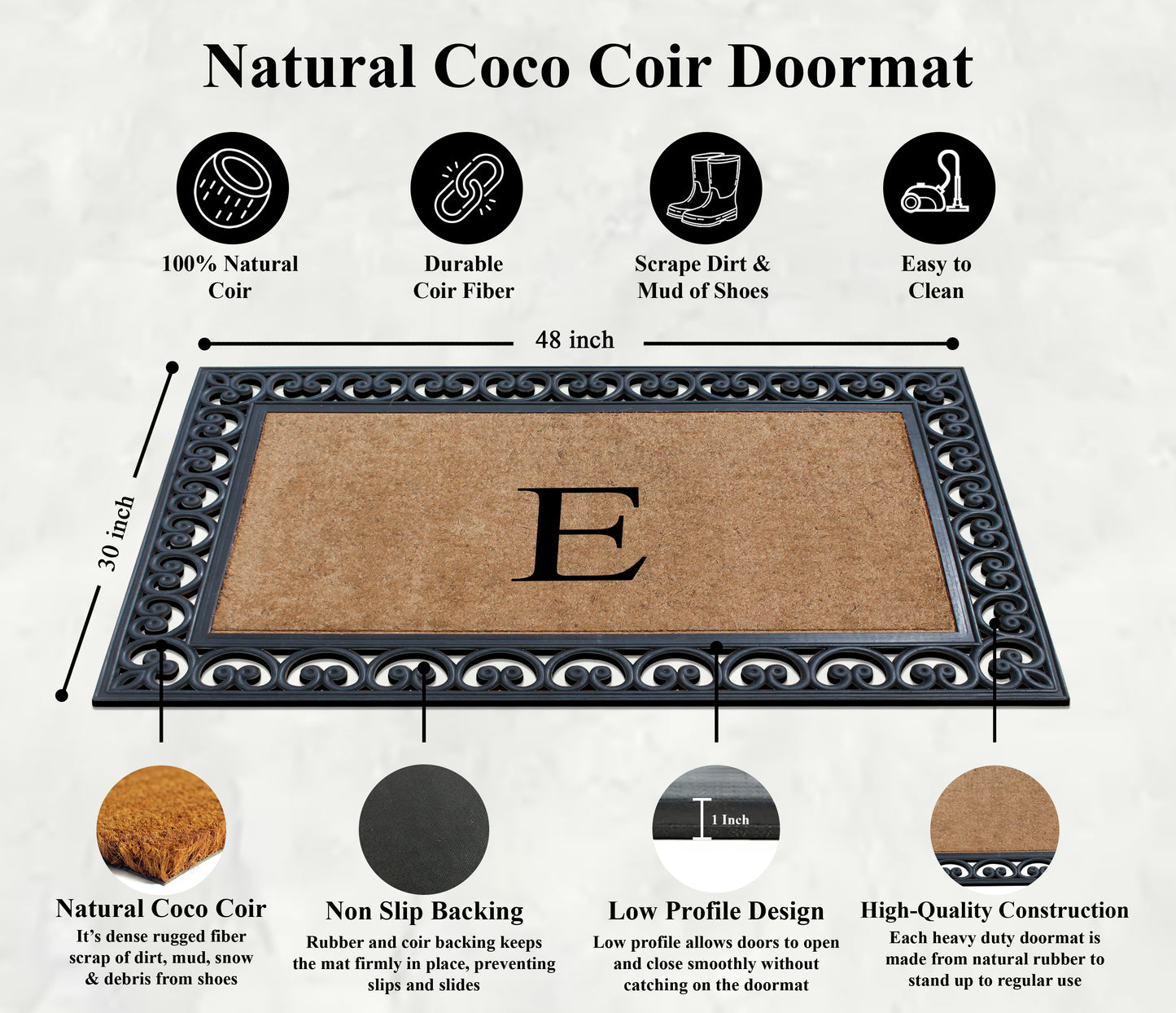 A1HC Natural Rubber & Coir 30x48, Monogrammed Doormat For Outdoor Entrance, Anti-Shed Treated Mat