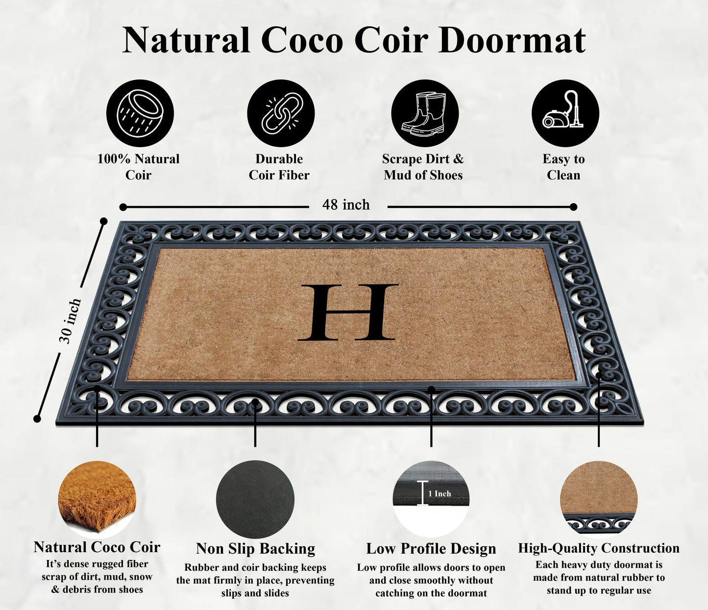 A1HC Natural Rubber & Coir 30x48, Monogrammed Doormat For Outdoor Entrance, Anti-Shed Treated Mat