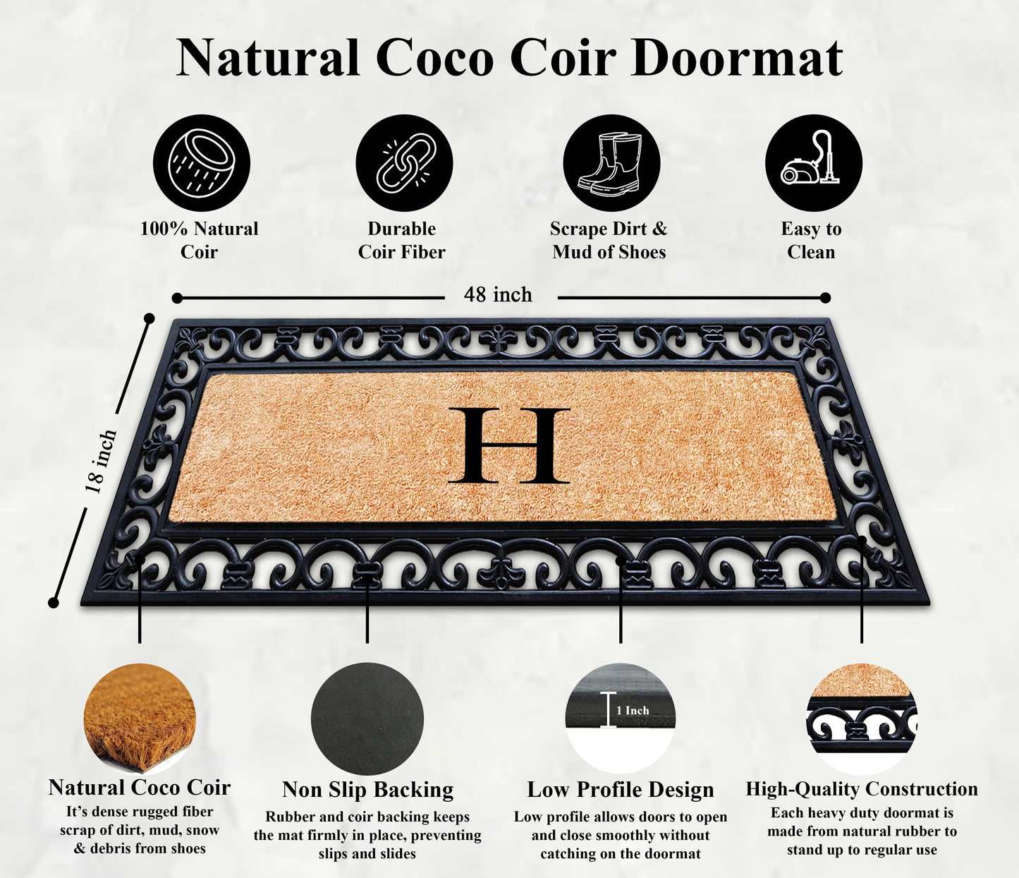 A1HC Rubber Coir Doormat For Outdoor Entrance, Anti-Shed Treated Front Door Mat 18x48, Monogrammed