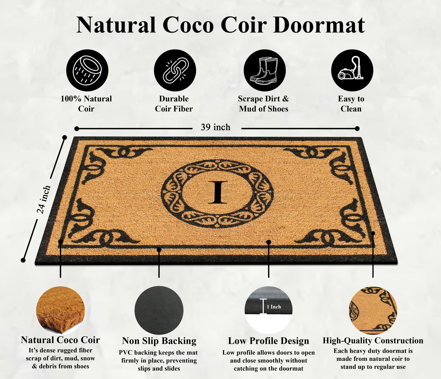 A1HC Natural Coir Door Mat 24x39, Anti-Shed Treated Durable Doormat for Outdoor Entrance Monogrammed