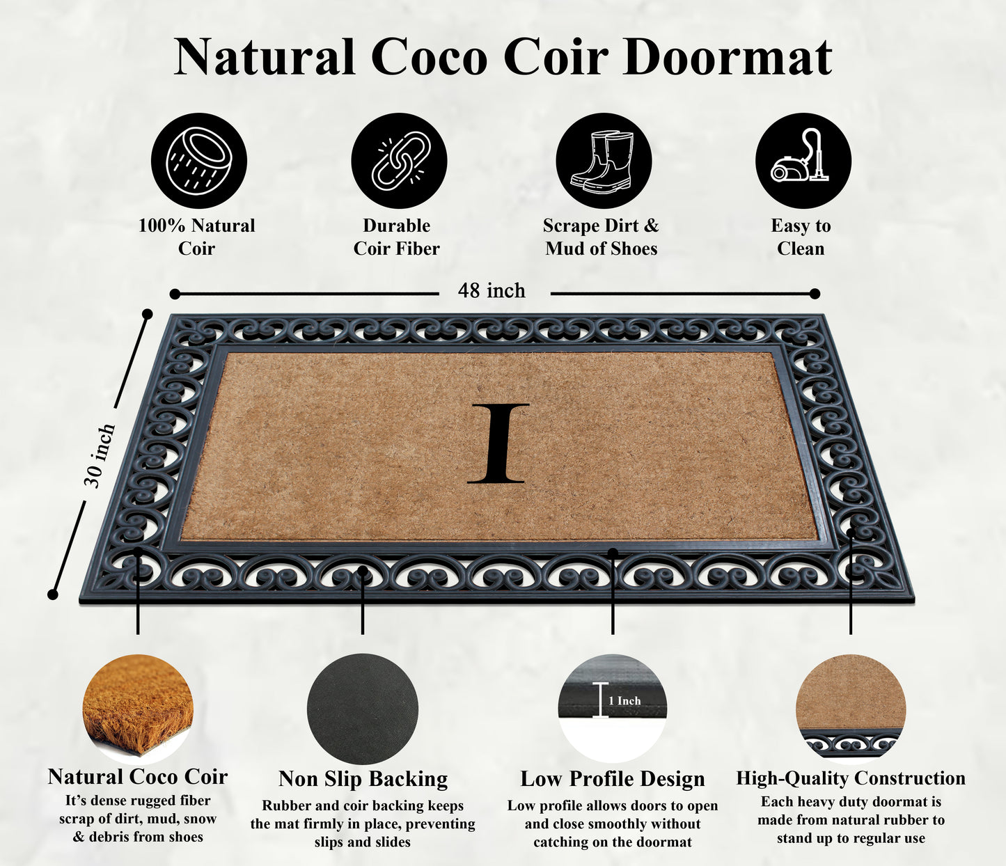 A1HC Natural Rubber & Coir 30x48, Monogrammed Doormat For Outdoor Entrance, Anti-Shed Treated Mat