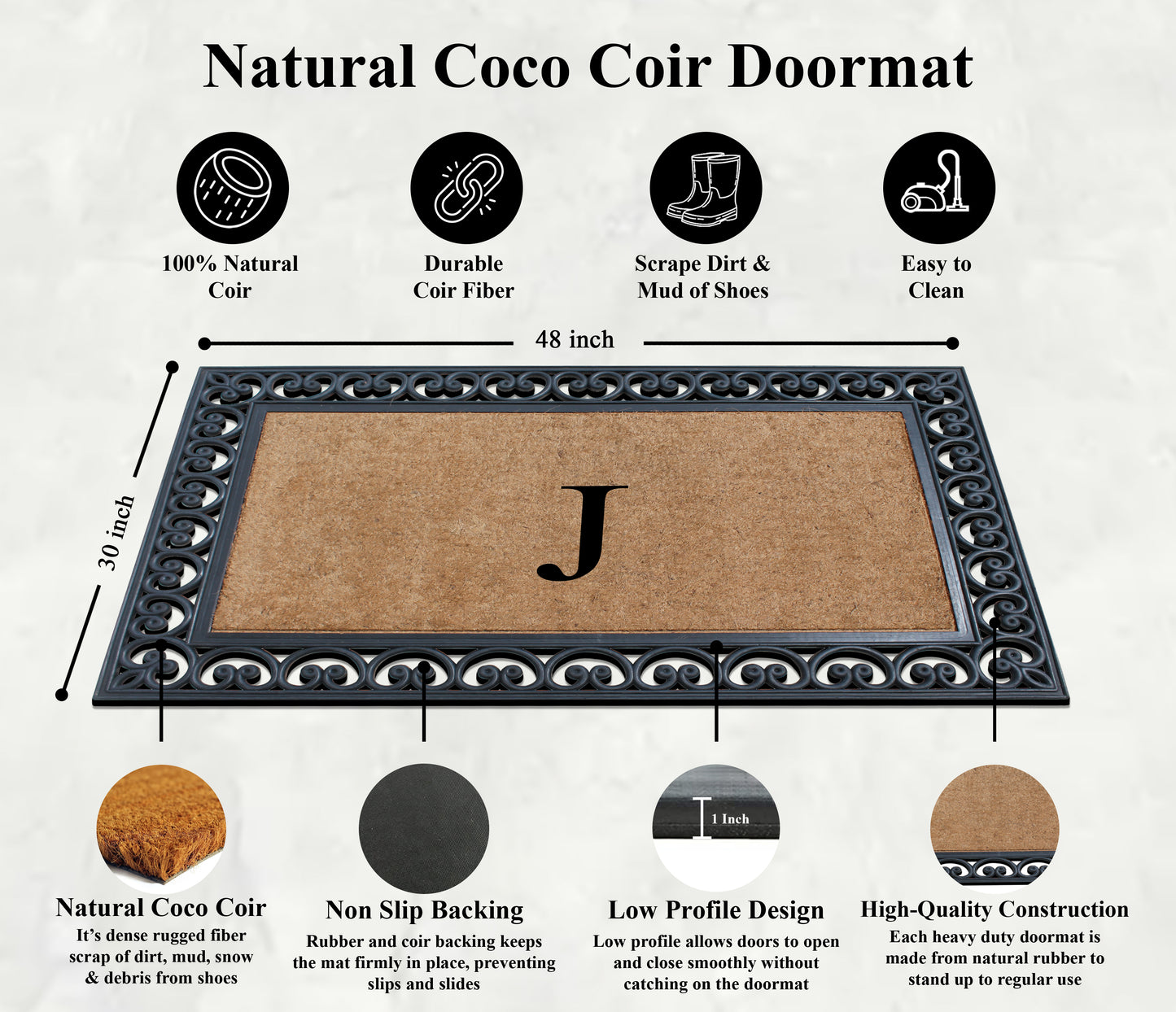 A1HC Natural Rubber & Coir 30x48, Monogrammed Doormat For Outdoor Entrance, Anti-Shed Treated Mat