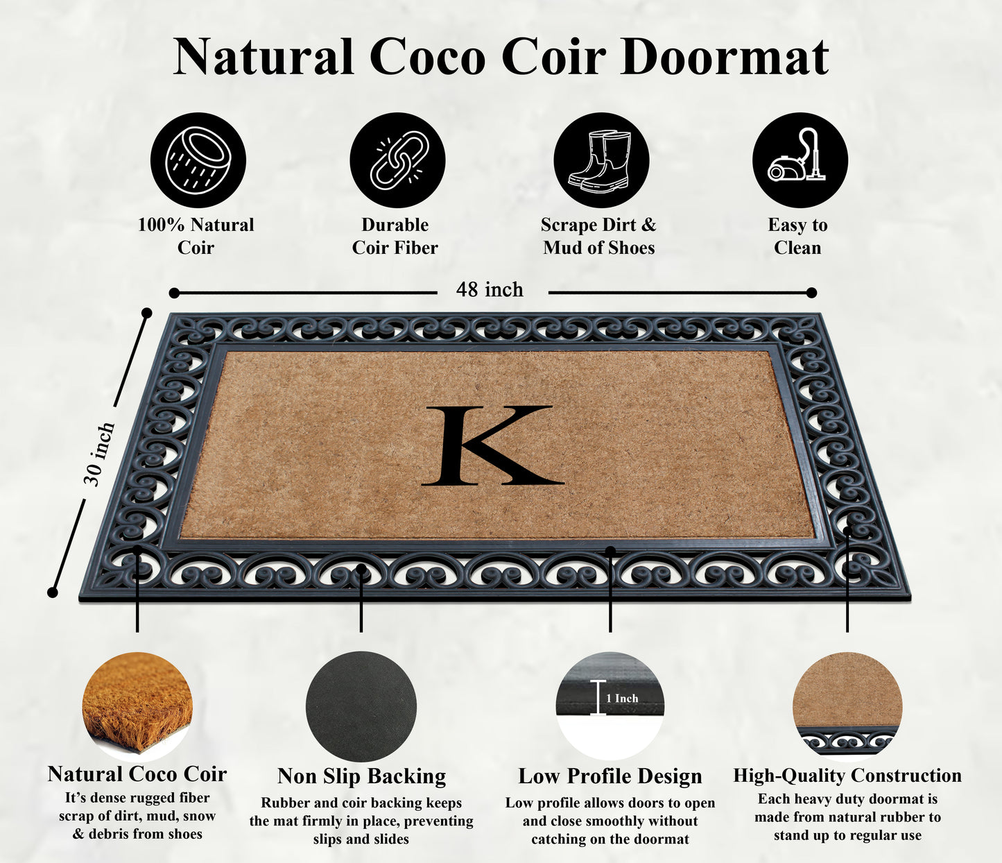 A1HC Natural Rubber & Coir 30x48, Monogrammed Doormat For Outdoor Entrance, Anti-Shed Treated Mat