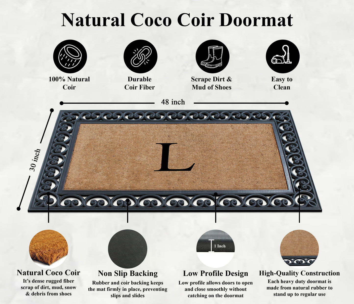 A1HC Natural Rubber & Coir 30x48, Monogrammed Doormat For Outdoor Entrance, Anti-Shed Treated Mat
