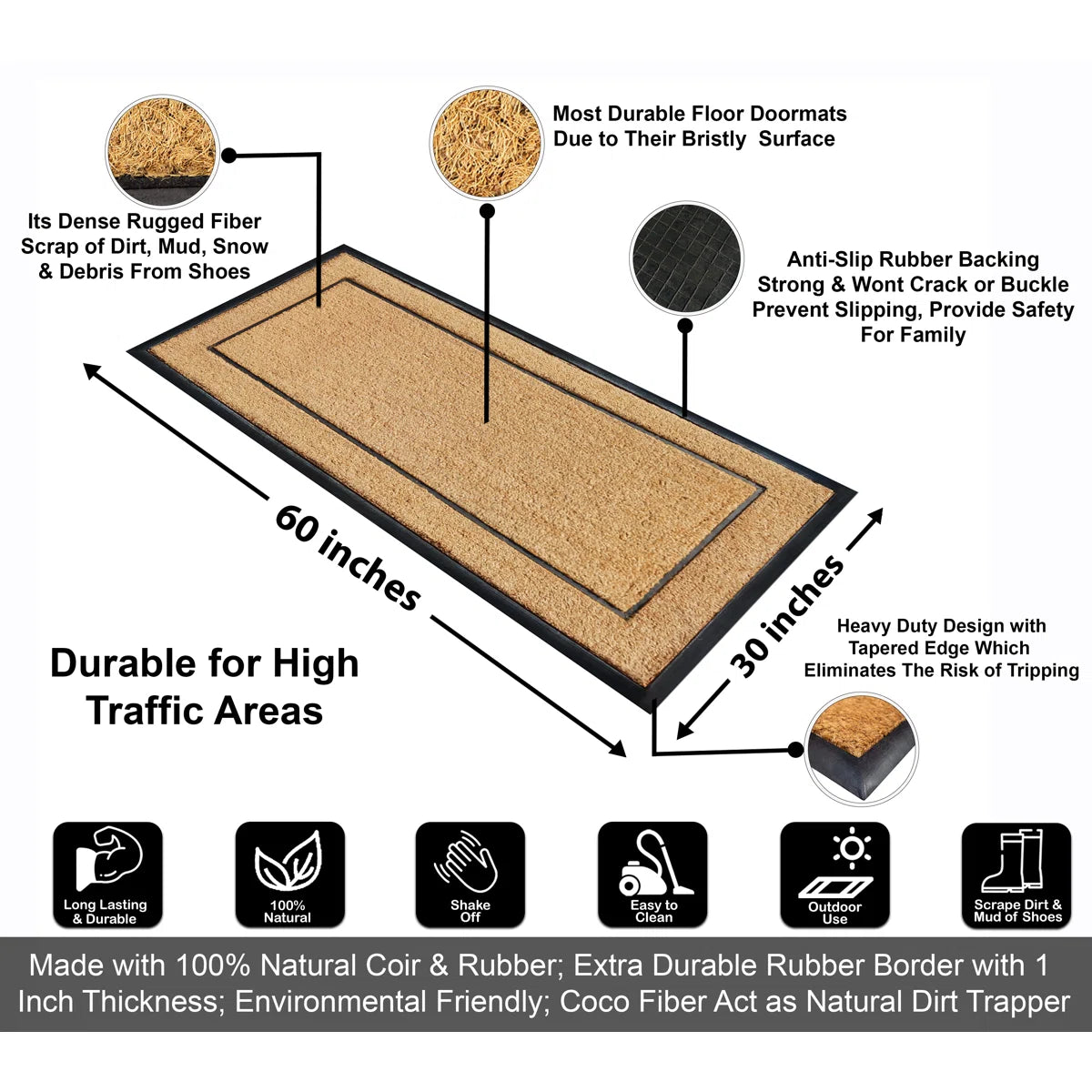 A1HC Natural Coir & Rubber Door Mat, 30"x60", Anti-Shed, Fade-Resistant Outdoor Entrance Doormat