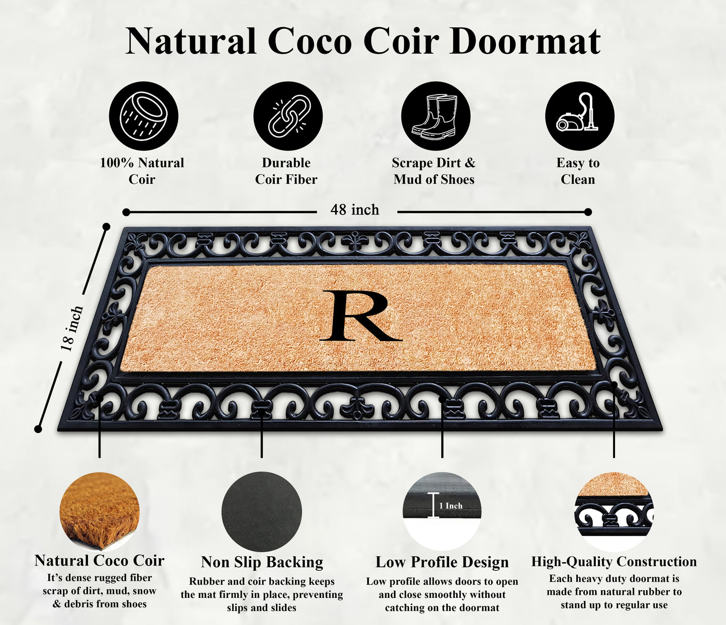 A1HC Rubber Coir Doormat For Outdoor Entrance, Anti-Shed Treated Front Door Mat 18x48, Monogrammed