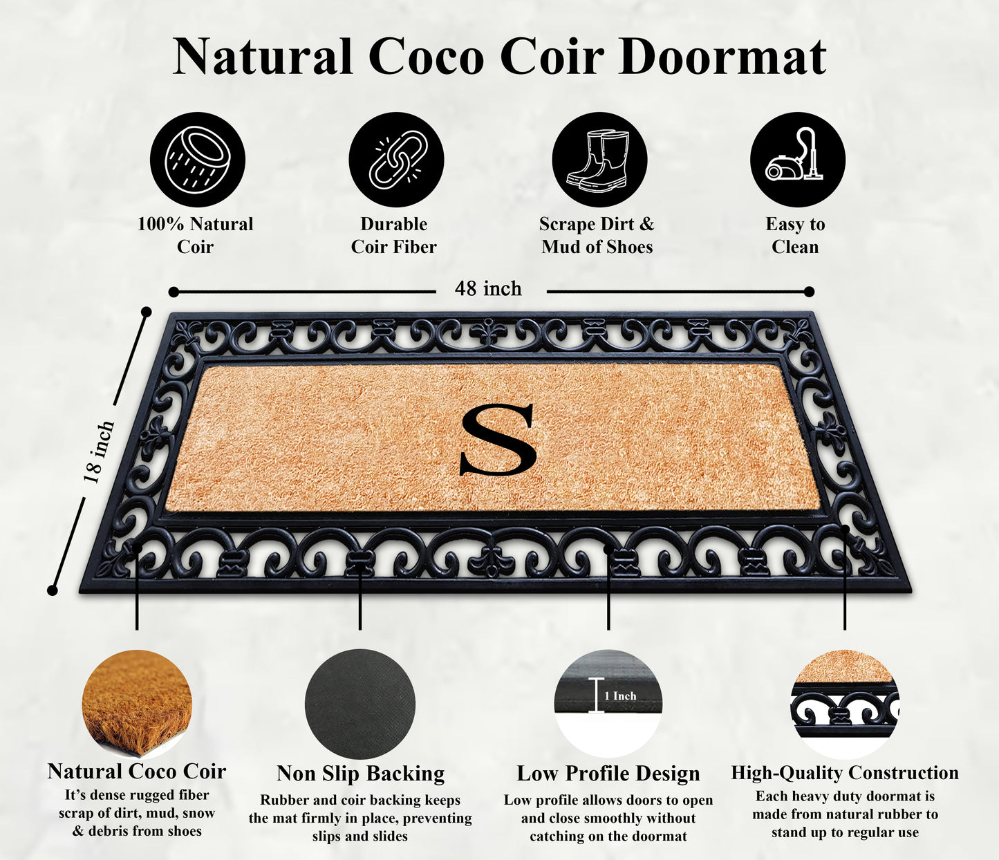 A1HC Rubber Coir Doormat For Outdoor Entrance, Anti-Shed Treated Front Door Mat 18x48, Monogrammed