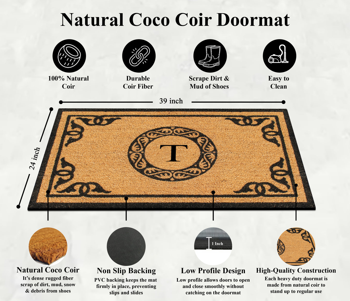 A1HC Natural Coir Door Mat 24x39, Anti-Shed Treated Durable Doormat for Outdoor Entrance Monogrammed