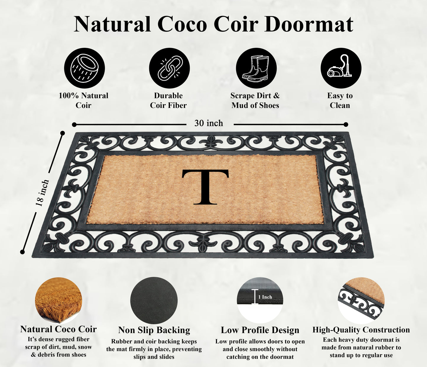 A1HC Natural Rubber & Coir 18x30, Monogrammed Doormat For Outdoor Entrance, Anti-Shed Treated Mat