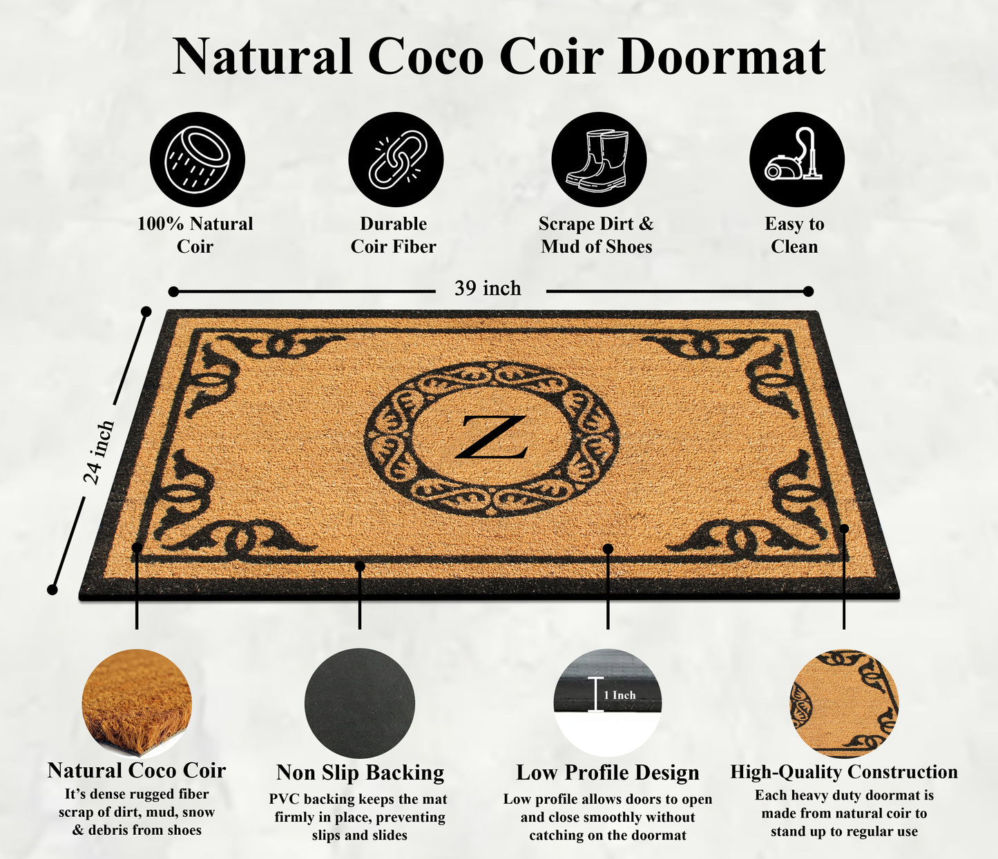 A1HC Natural Coir Door Mat 24x39, Anti-Shed Treated Durable Doormat for Outdoor Entrance Monogrammed