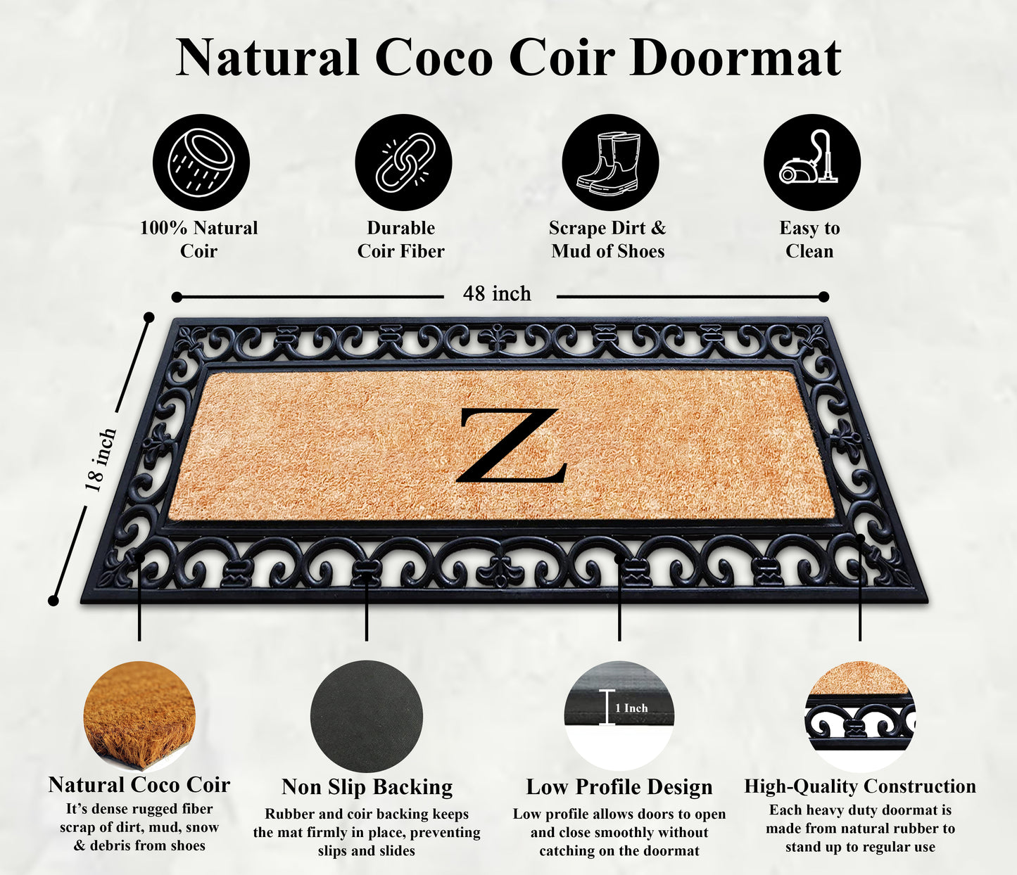 A1HC Rubber Coir Doormat For Outdoor Entrance, Anti-Shed Treated Front Door Mat 18x48, Monogrammed