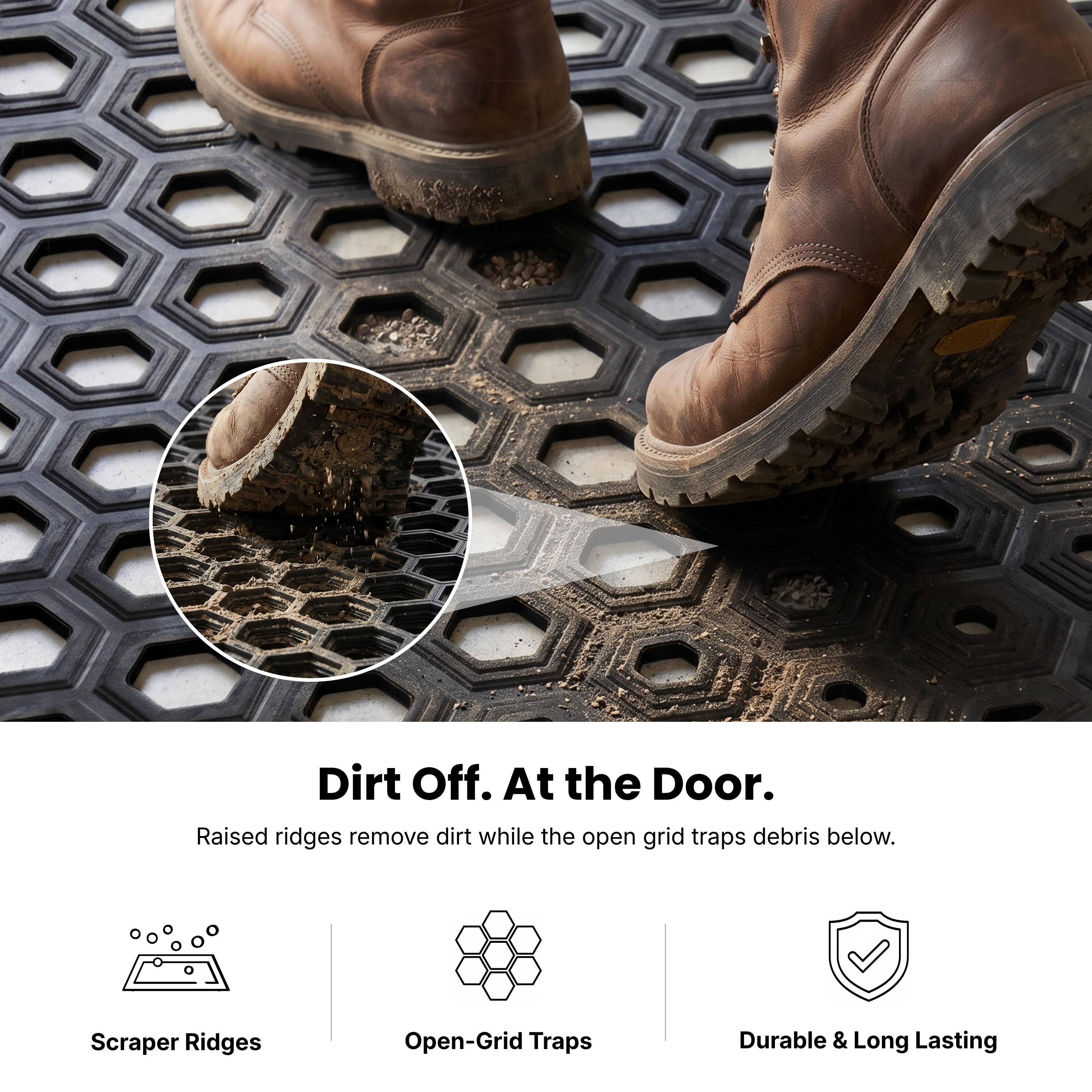 Open grid outdoor rubber entry mat for water drainage