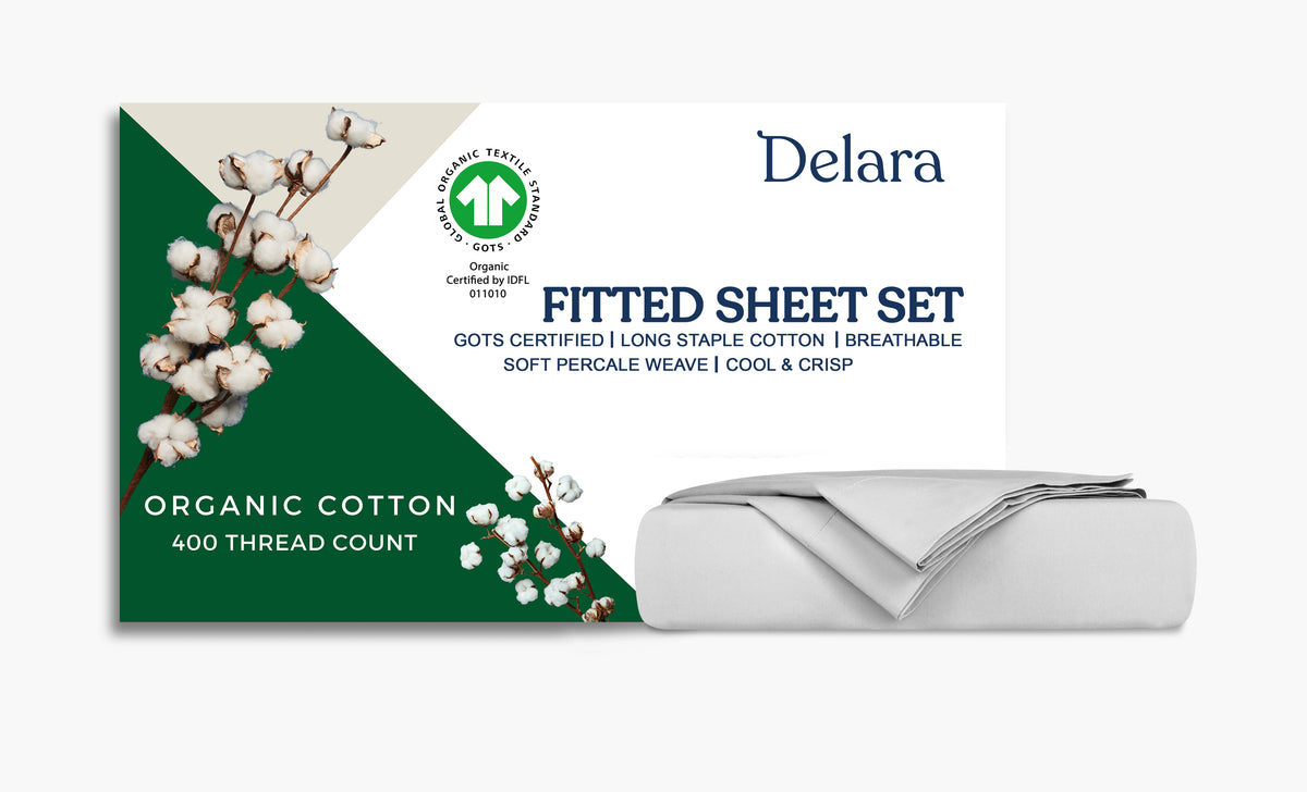 Delara 100% Organic Cotton Percale Weave Fitted Sheet Sets, Smooth & Moisture-Wicking, Soft & Silky Breathable Bedding