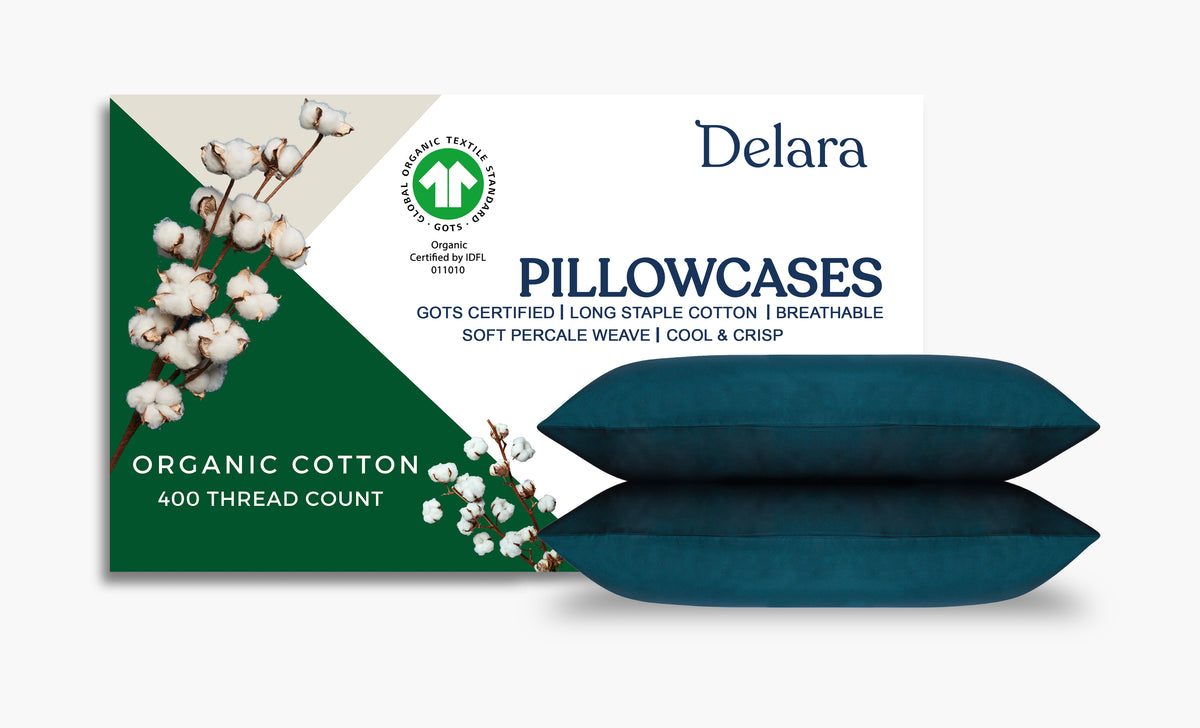 Delara 100% Organic Cotton Percale Weave Pillowcase Set of 2, 400TC GOTS Certified, Smooth & Moisture-Wicking Pillowcases